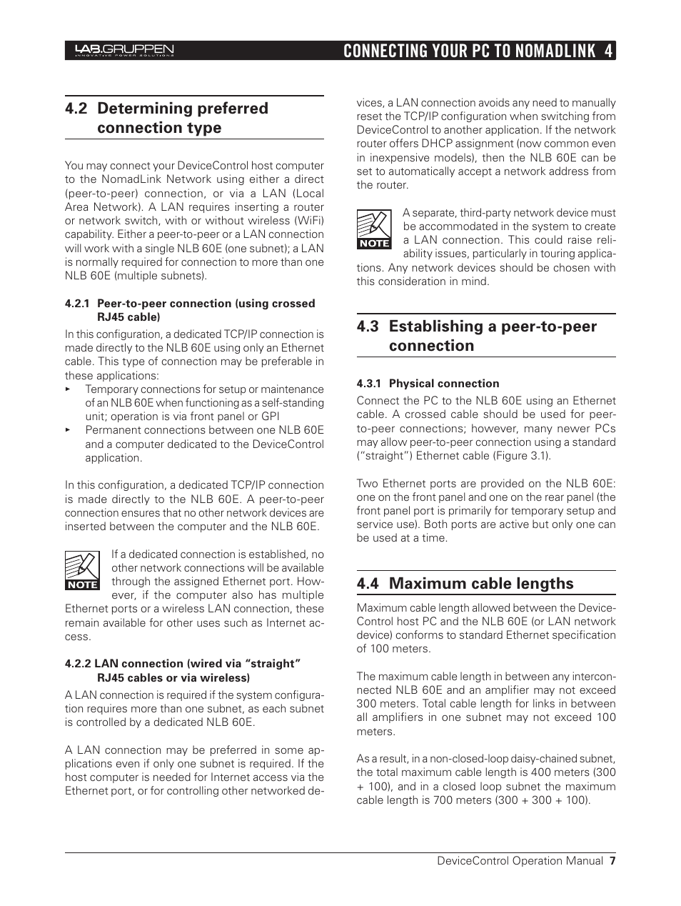 2 determining preferred connection type, 3 establishing a peer-to-peer connection, 1 physical connection | 4 maximum cable lengths, Connecting your pc to nomadlink 4 | Lab.gruppen Bridge User Manual | Page 7 / 37