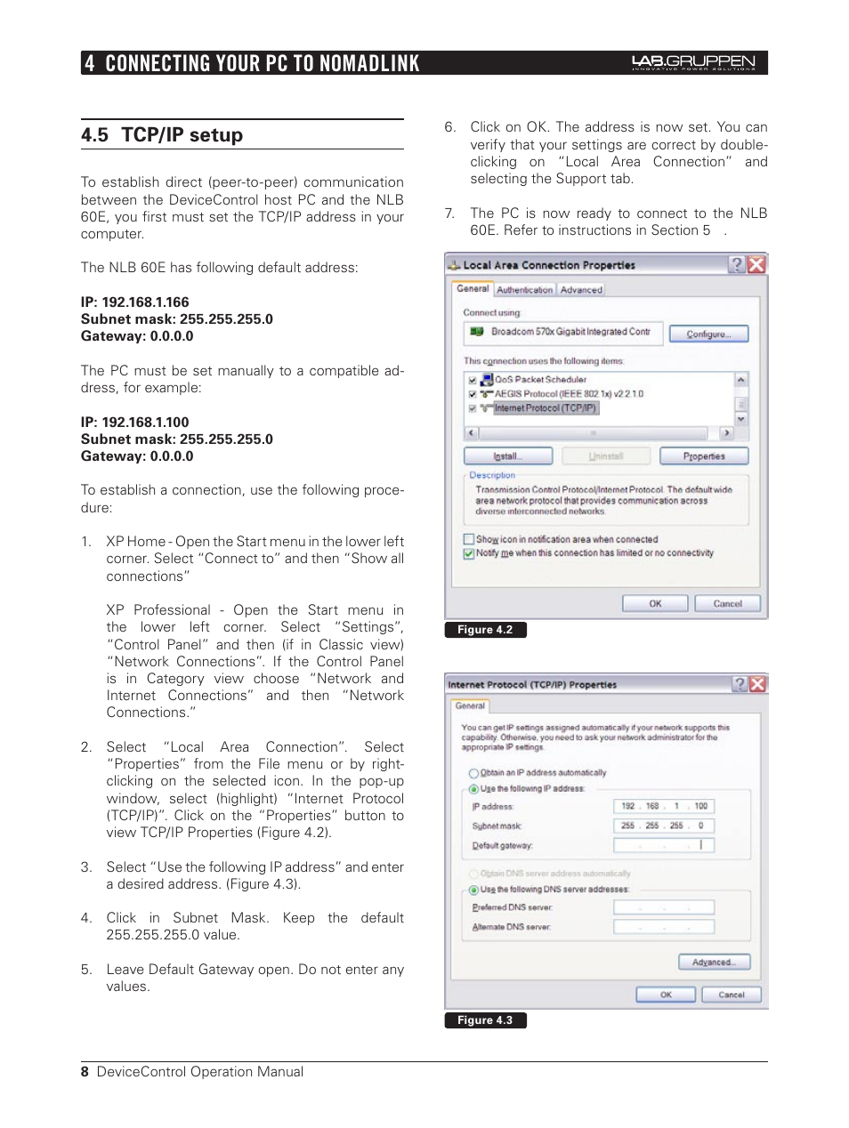5 tcp/ip setup, 4 connecting your pc to nomadlink | Lab.gruppen Bridge User Manual | Page 8 / 37
