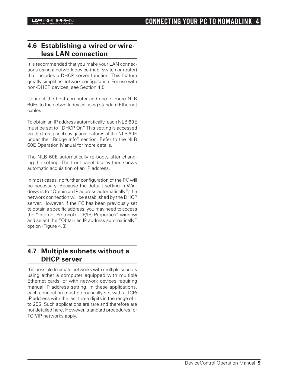 6 establishing a wired or wireless lan connection, 7 multiple subnets without a dhcp server, Connecting your pc to nomadlink 4 | Lab.gruppen Bridge User Manual | Page 9 / 37