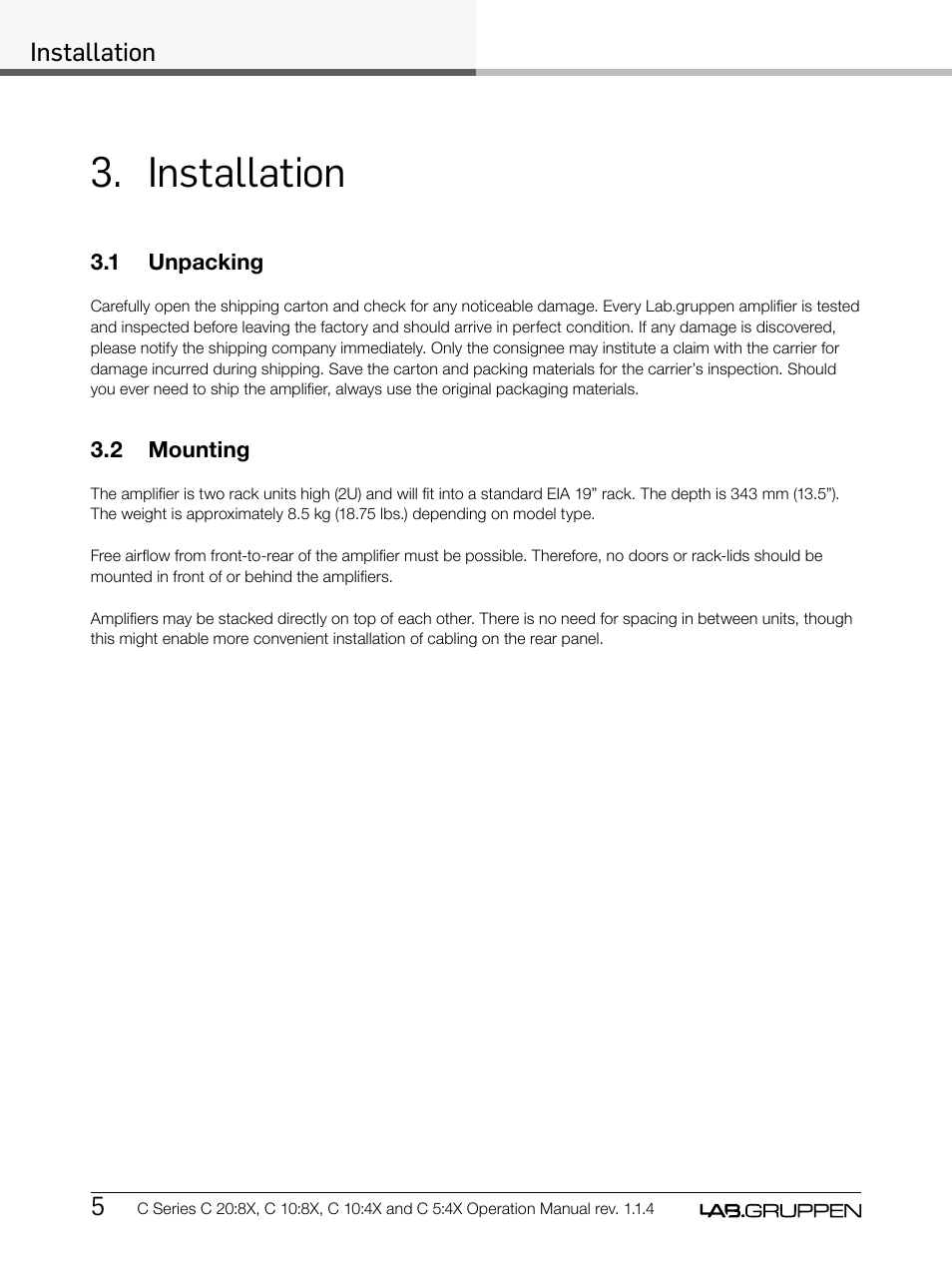 Installation | Lab.gruppen C Series 5:4X User Manual | Page 12 / 48
