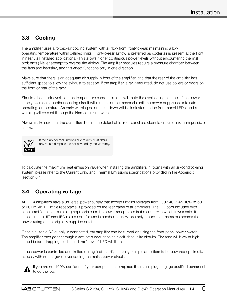 Installation 6, 3 cooling, 4 operating voltage | Lab.gruppen C Series 5:4X User Manual | Page 13 / 48