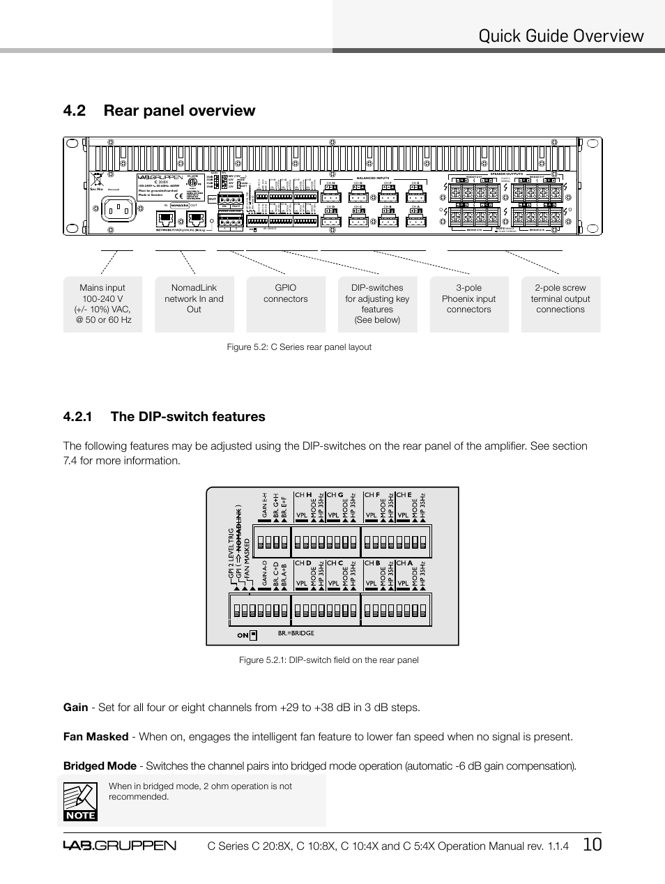 Quick guide overview 10, 2 rear panel overview, 1 the dip-switch features | Figure 5.2.1: dip-switch field on the rear panel | Lab.gruppen C Series 5:4X User Manual | Page 17 / 48
