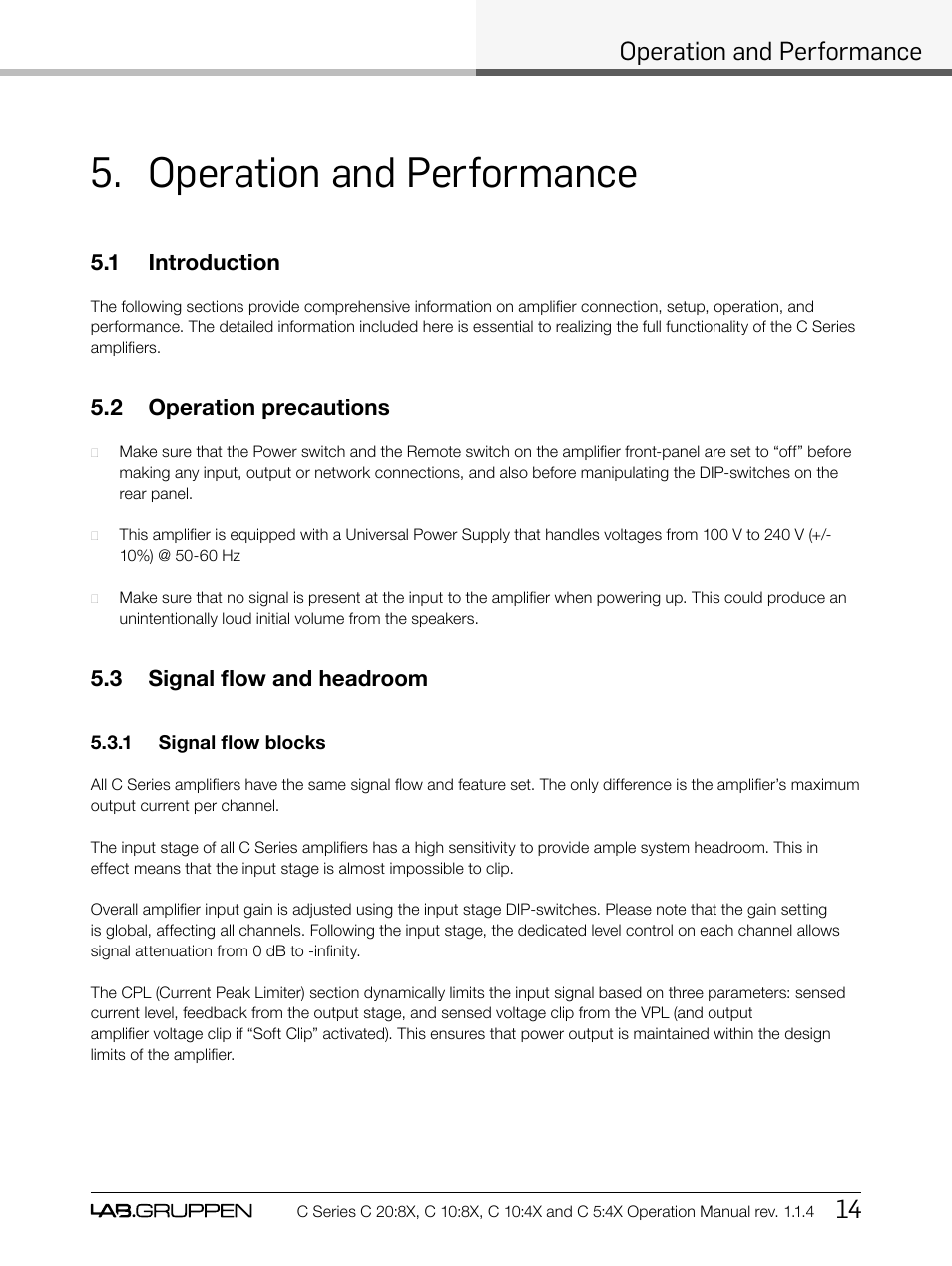 Operation and performance, Operation and performance 14 | Lab.gruppen C Series 5:4X User Manual | Page 21 / 48