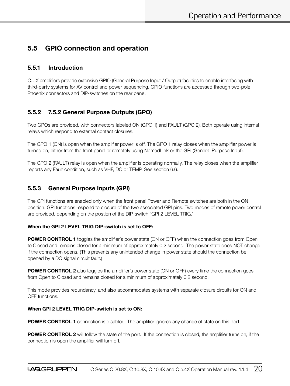 Operation and performance 20, 5 gpio connection and operation | Lab.gruppen C Series 5:4X User Manual | Page 27 / 48