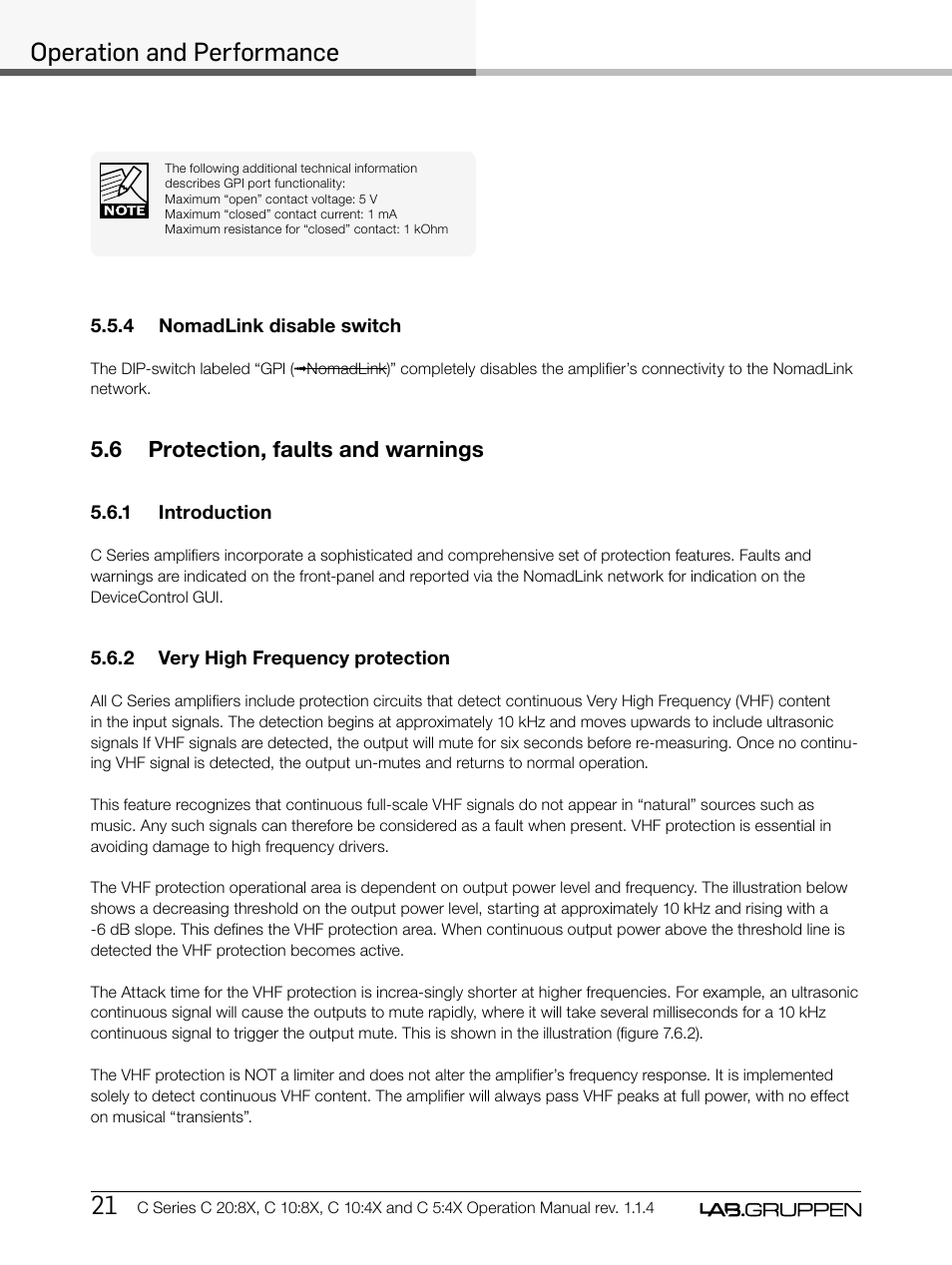 Operation and performance, 6 protection, faults and warnings | Lab.gruppen C Series 5:4X User Manual | Page 28 / 48