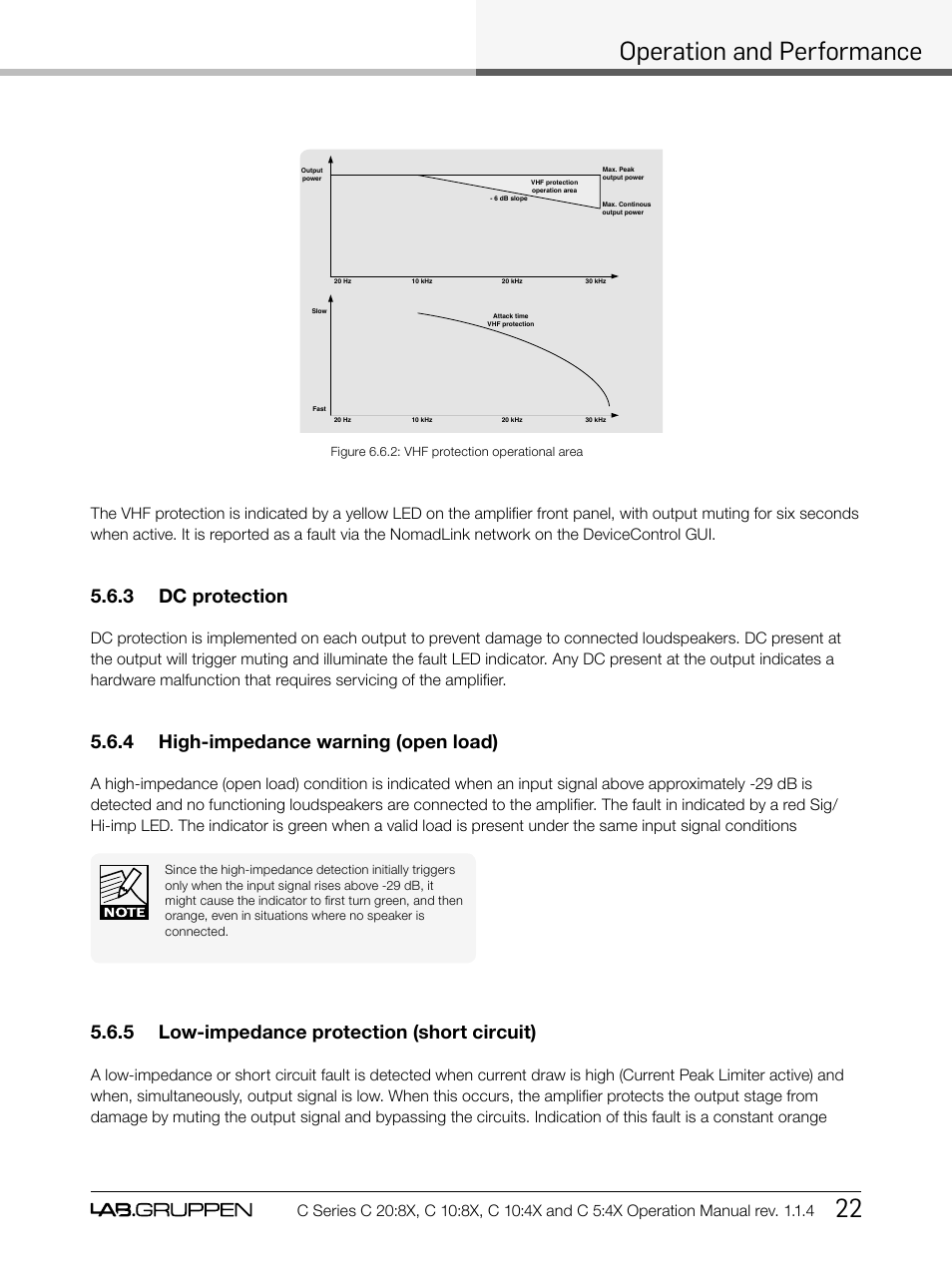 Operation and performance 22, 3 dc protection, 4 high-impedance warning (open load) | 5 low-impedance protection (short circuit) | Lab.gruppen C Series 5:4X User Manual | Page 29 / 48