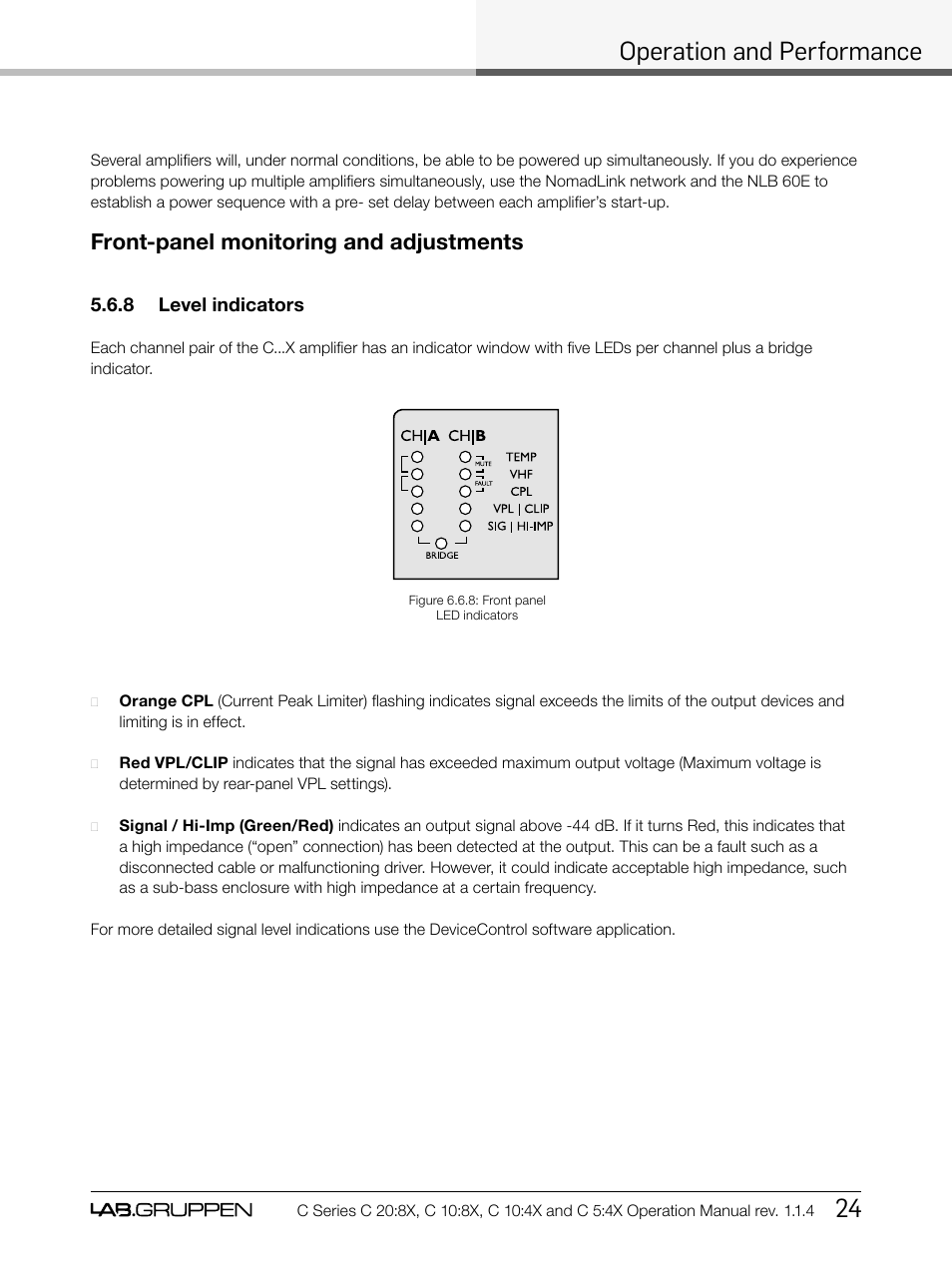 Operation and performance 24, Front-panel monitoring and adjustments | Lab.gruppen C Series 5:4X User Manual | Page 31 / 48