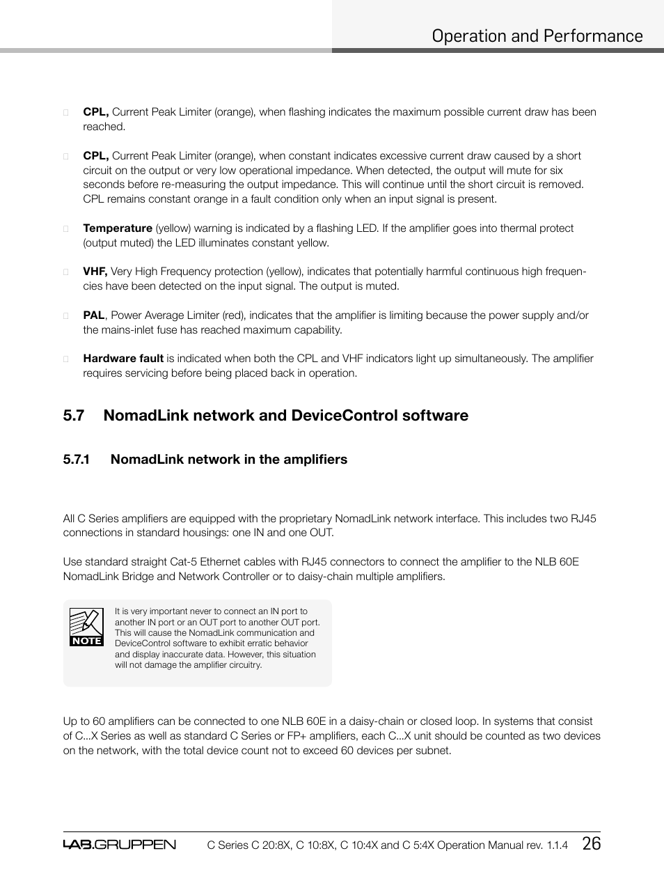 Operation and performance 26, 7 nomadlink network and devicecontrol software | Lab.gruppen C Series 5:4X User Manual | Page 33 / 48