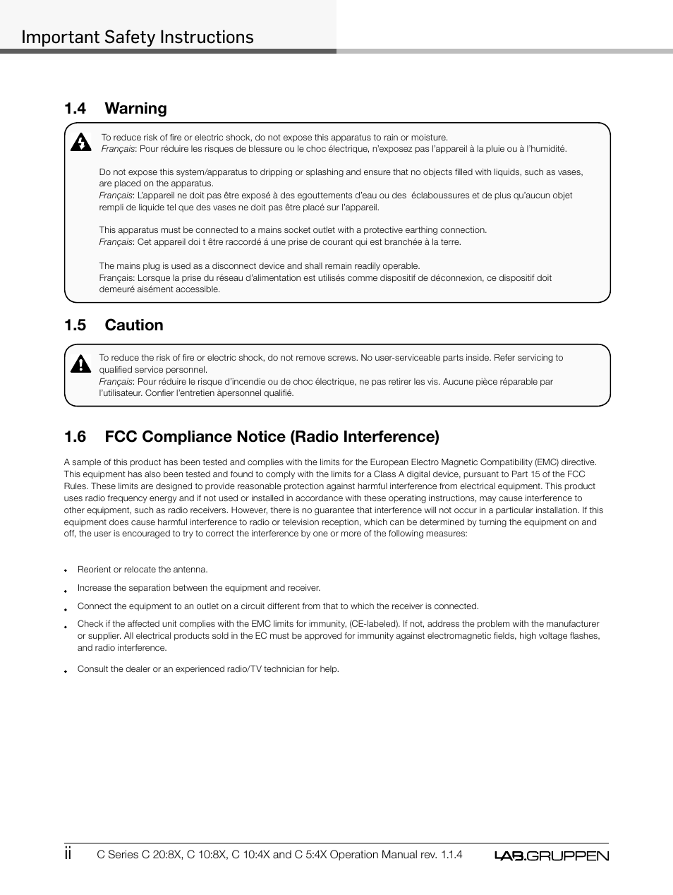 Important safety instructions, 4 warning, 5 caution | 6 fcc compliance notice (radio interference) | Lab.gruppen C Series 5:4X User Manual | Page 4 / 48