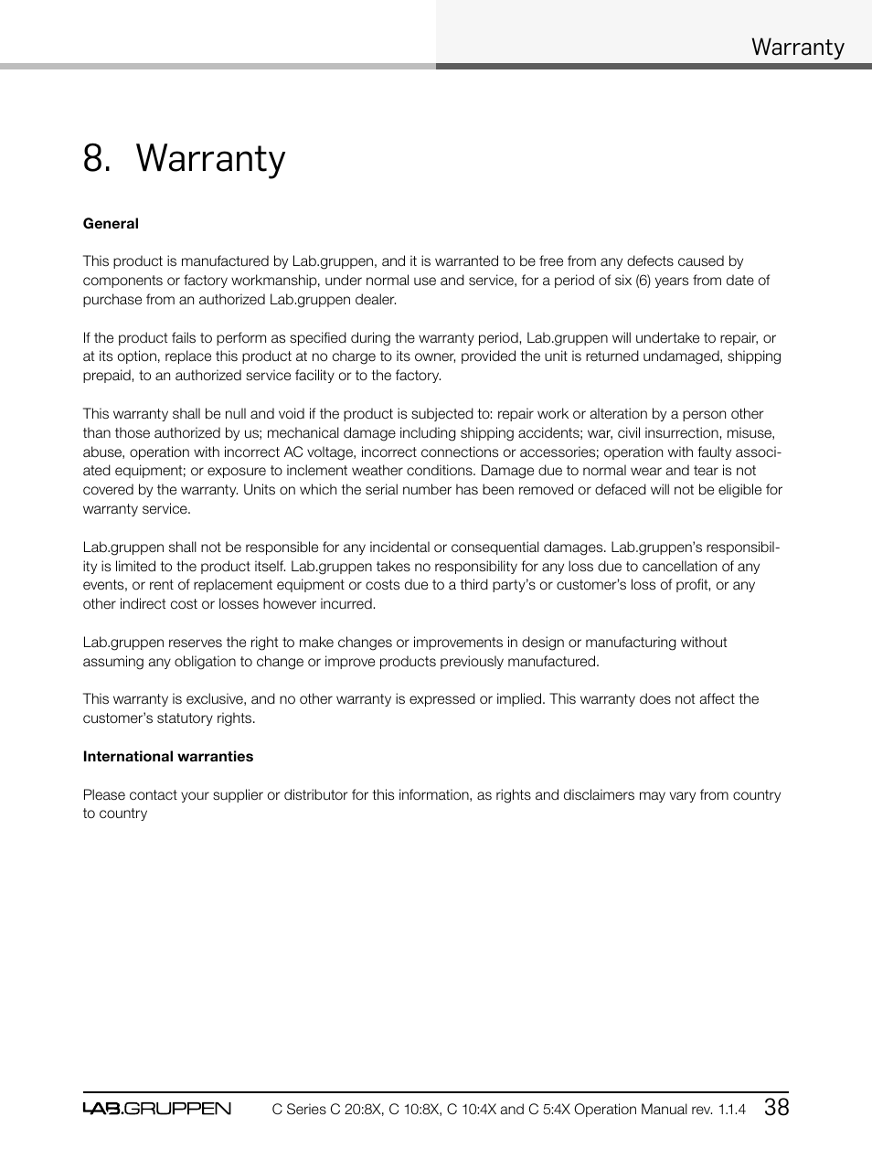Warranty, Warranty 38 | Lab.gruppen C Series 5:4X User Manual | Page 45 / 48