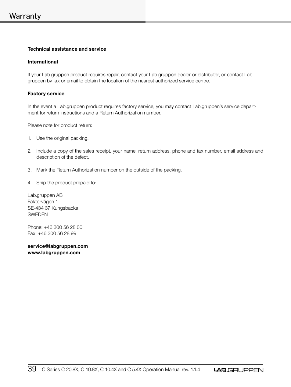 Warranty | Lab.gruppen C Series 5:4X User Manual | Page 46 / 48