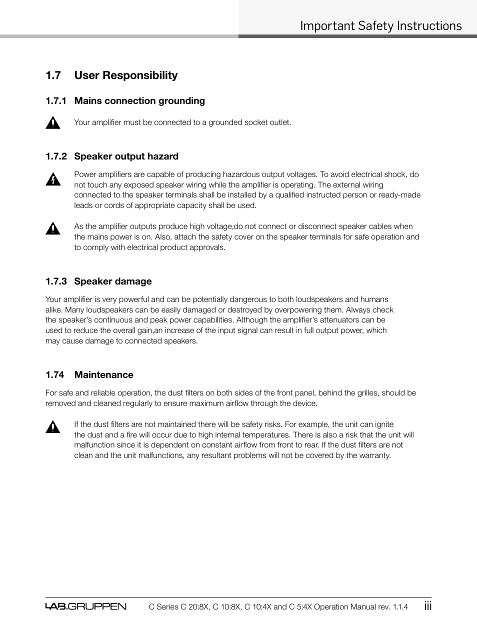 Important safety instructions iii, 7 user responsibility | Lab.gruppen C Series 5:4X User Manual | Page 5 / 48