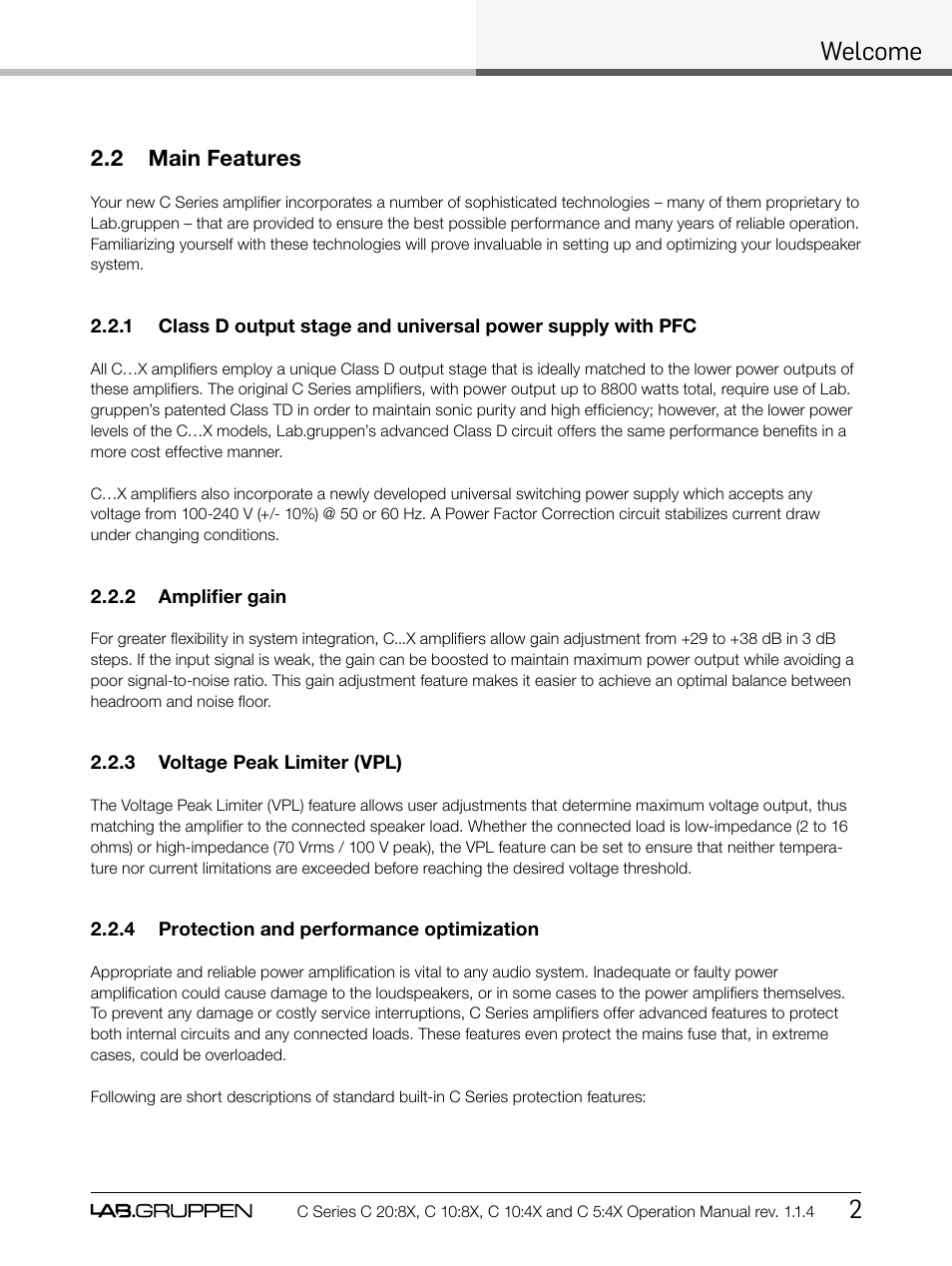 Welcome 2, 2 main features | Lab.gruppen C Series 5:4X User Manual | Page 9 / 48