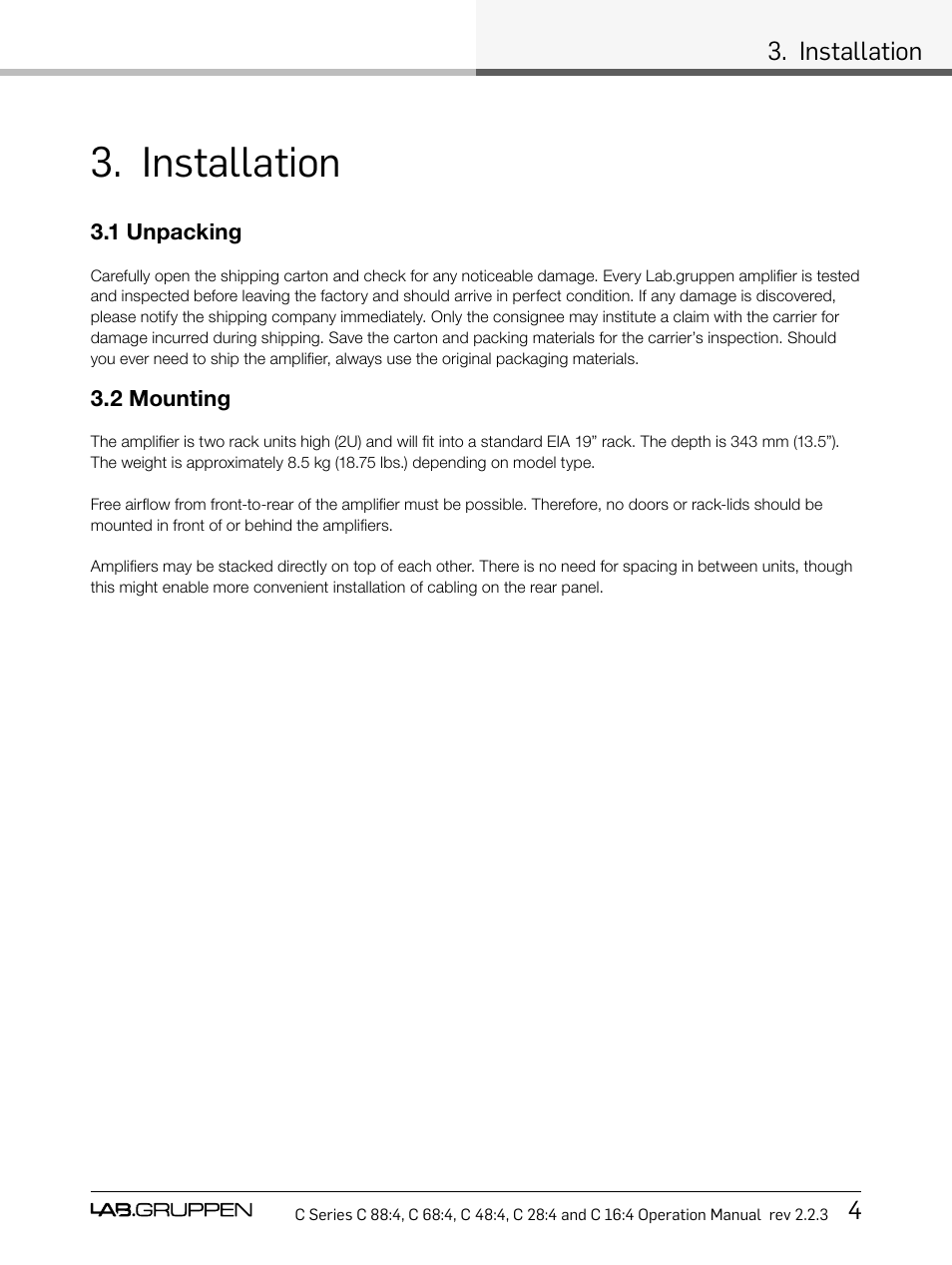 Installation, Installation 4 | Lab.gruppen C Series 88:4 User Manual | Page 11 / 44