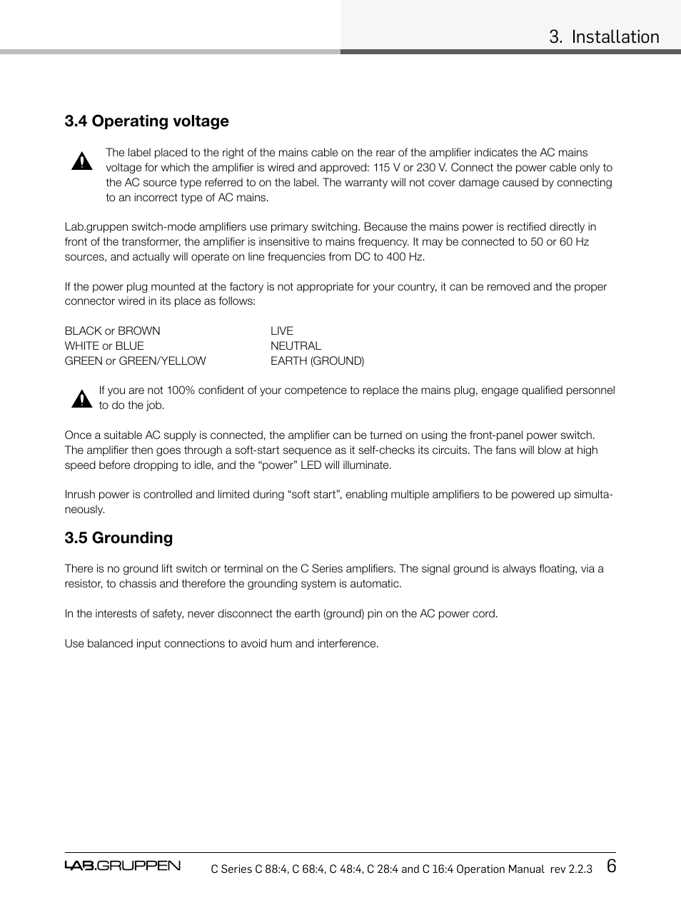 Installation 6, 4 operating voltage, 5 grounding | Lab.gruppen C Series 88:4 User Manual | Page 13 / 44