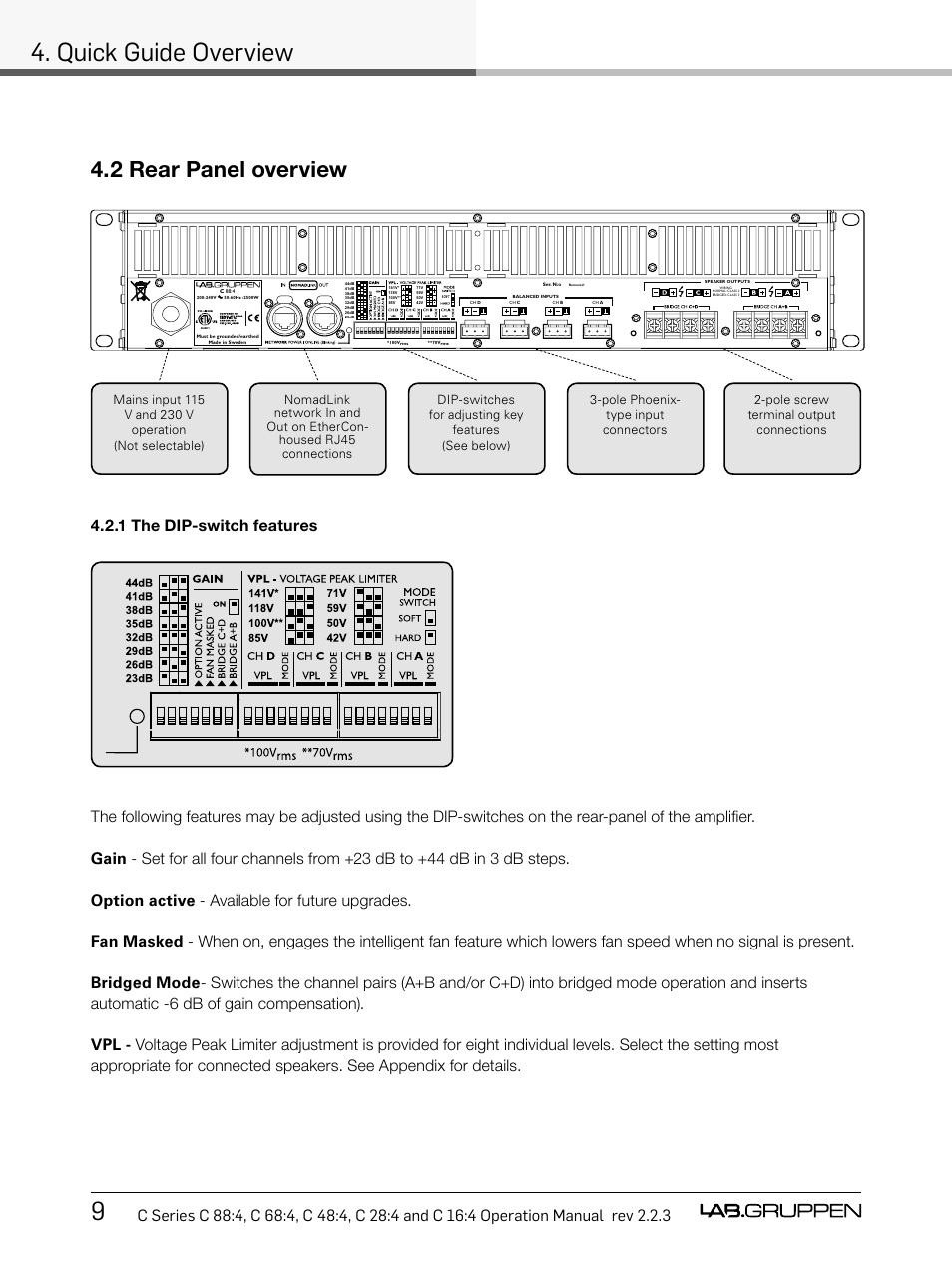 Quick guide overview, 2 rear panel overview | Lab.gruppen C Series 88:4 User Manual | Page 16 / 44