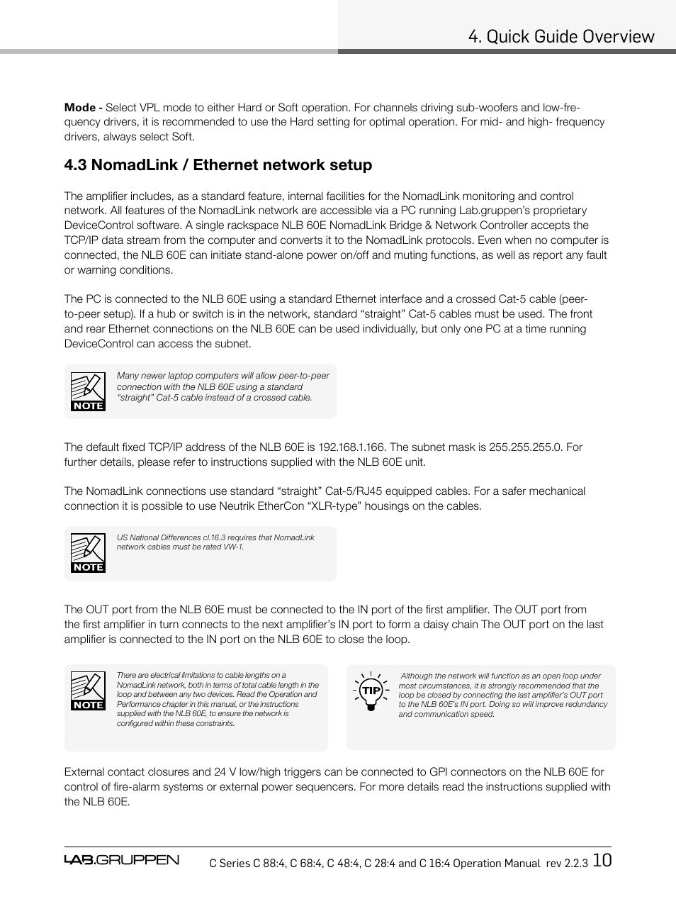 Quick guide overview 10, 3 nomadlink / ethernet network setup | Lab.gruppen C Series 88:4 User Manual | Page 17 / 44