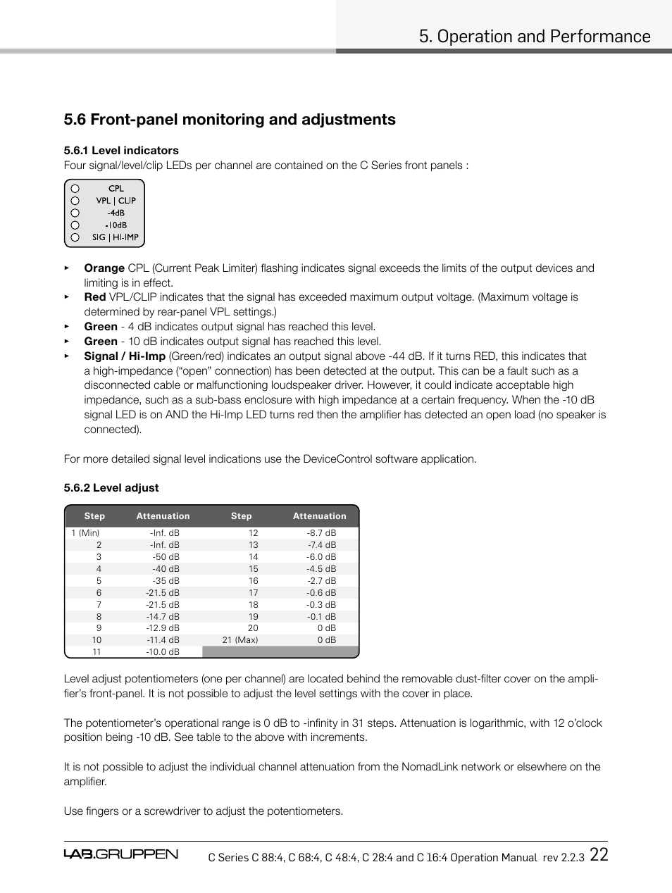 Operation and performance 22, 6 front-panel monitoring and adjustments | Lab.gruppen C Series 88:4 User Manual | Page 29 / 44