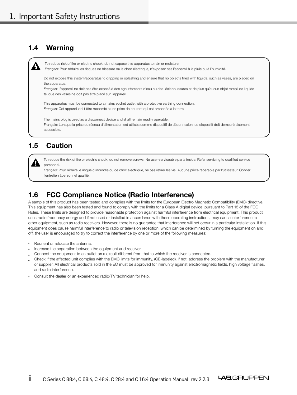 Ii 1. important safety instructions, 4 warning, 5 caution | 6 fcc compliance notice (radio interference) | Lab.gruppen C Series 88:4 User Manual | Page 4 / 44