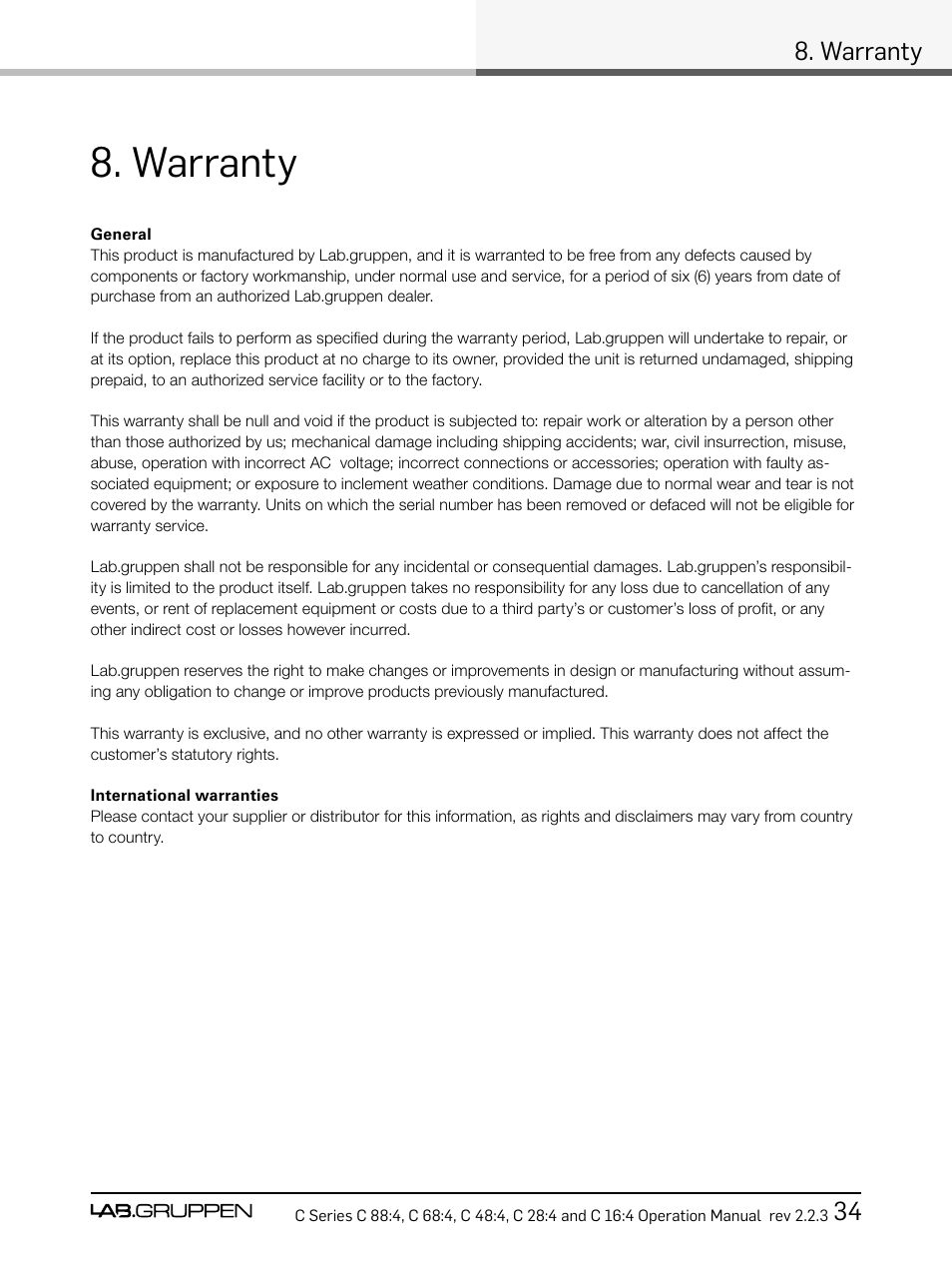 Warranty, Warranty 34 | Lab.gruppen C Series 88:4 User Manual | Page 41 / 44