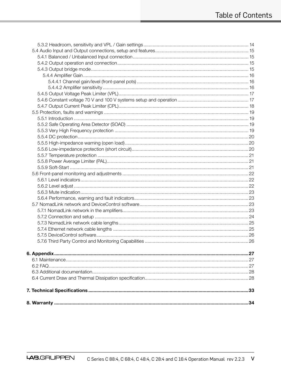 Table of contents v | Lab.gruppen C Series 88:4 User Manual | Page 7 / 44