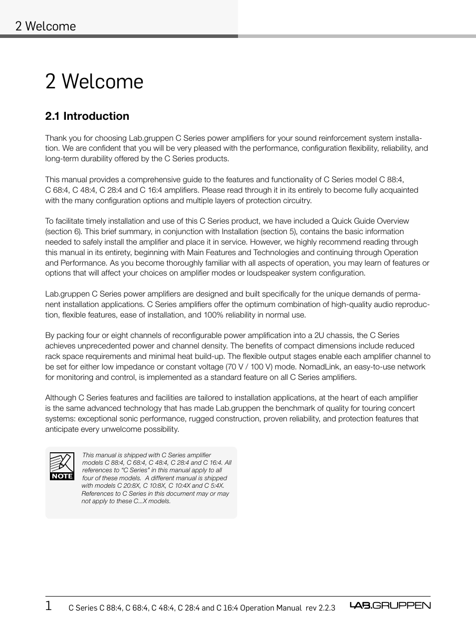 2 welcome, 12 welcome, 1 introduction | Lab.gruppen C Series 88:4 User Manual | Page 8 / 44