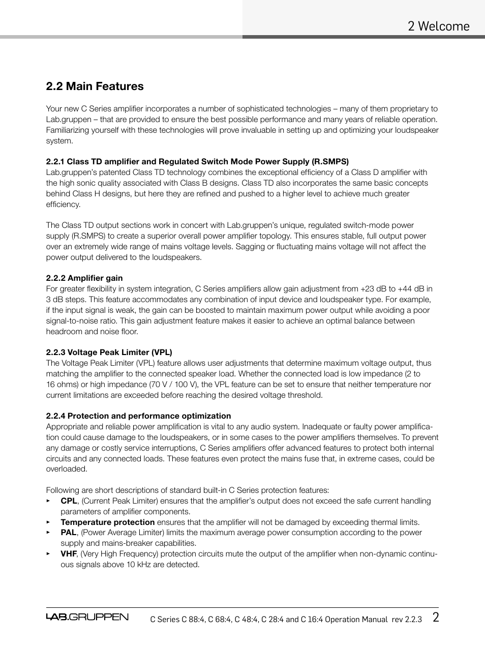 2 welcome 2, 2 main features | Lab.gruppen C Series 88:4 User Manual | Page 9 / 44