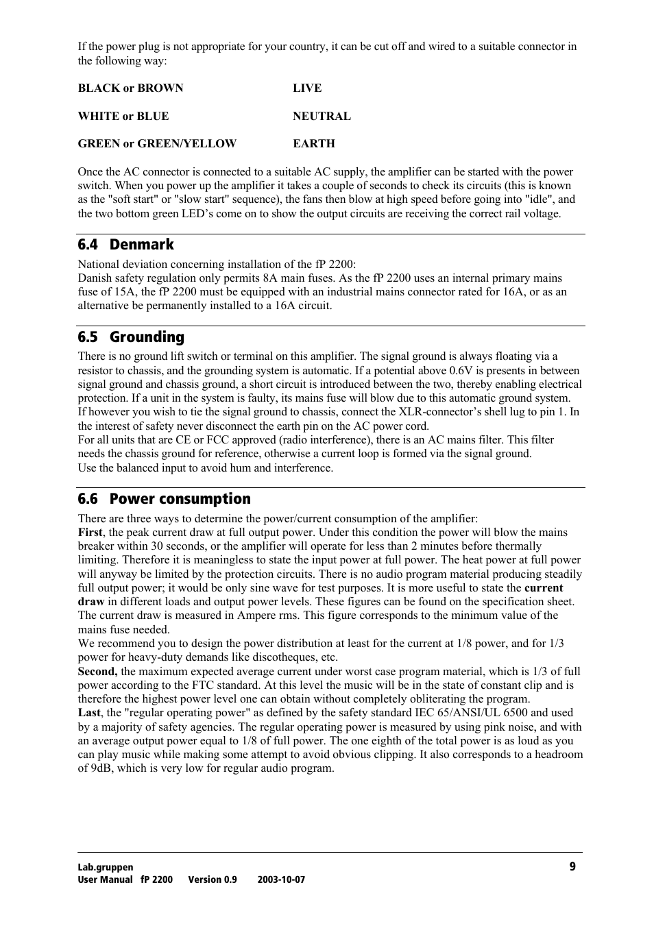 Denmark, Grounding, Power consumption | Skq= aéåã~êâ, Skr= dêçìåçáåö, Sks= mçïéê=езелмгйнбзе | Lab.gruppen fP 2200 User Manual | Page 10 / 18