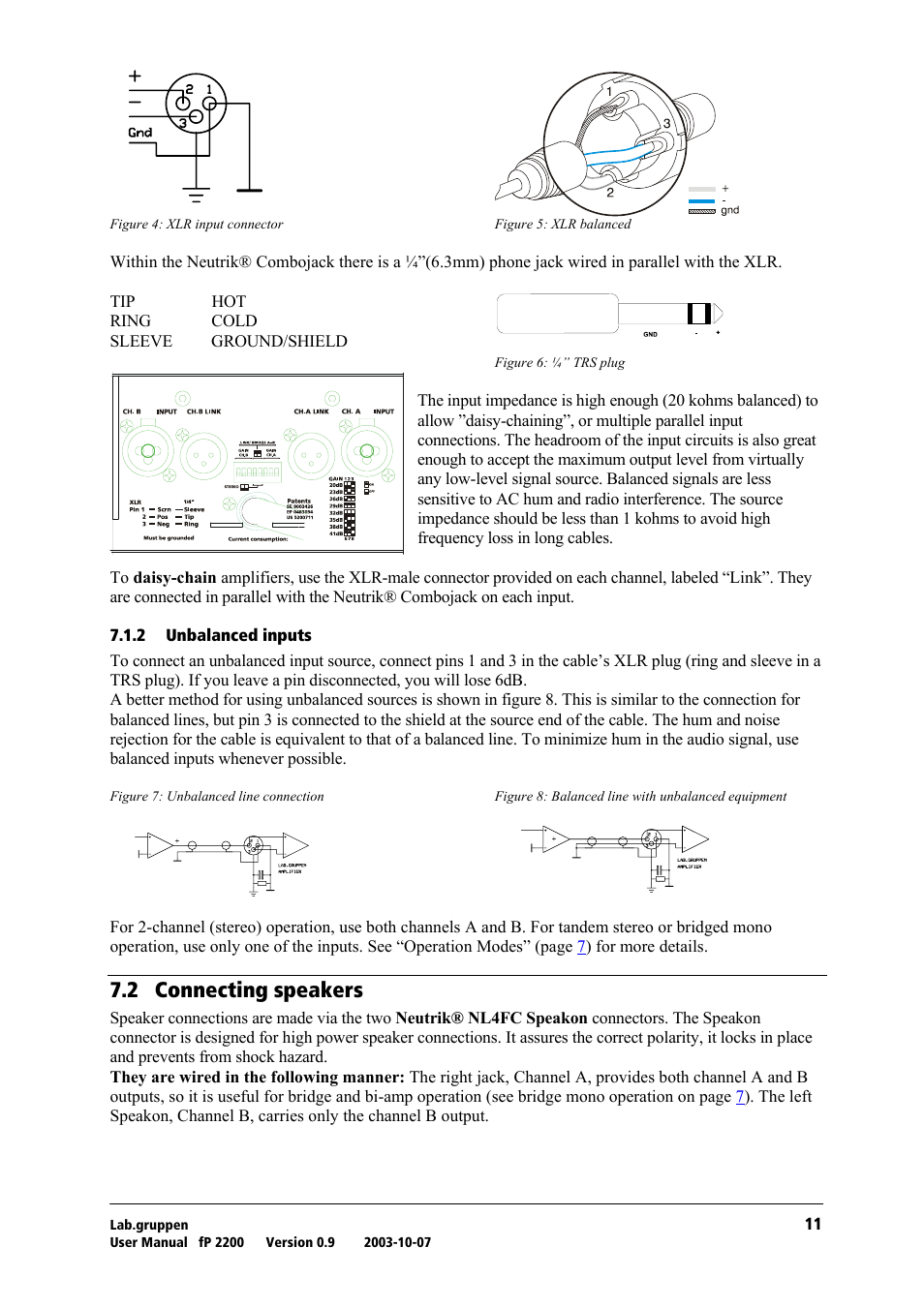 Unbalanced inputs, Connecting speakers, Tko= `зеейенбец=лйй~вйкл | Lab.gruppen fP 2200 User Manual | Page 12 / 18