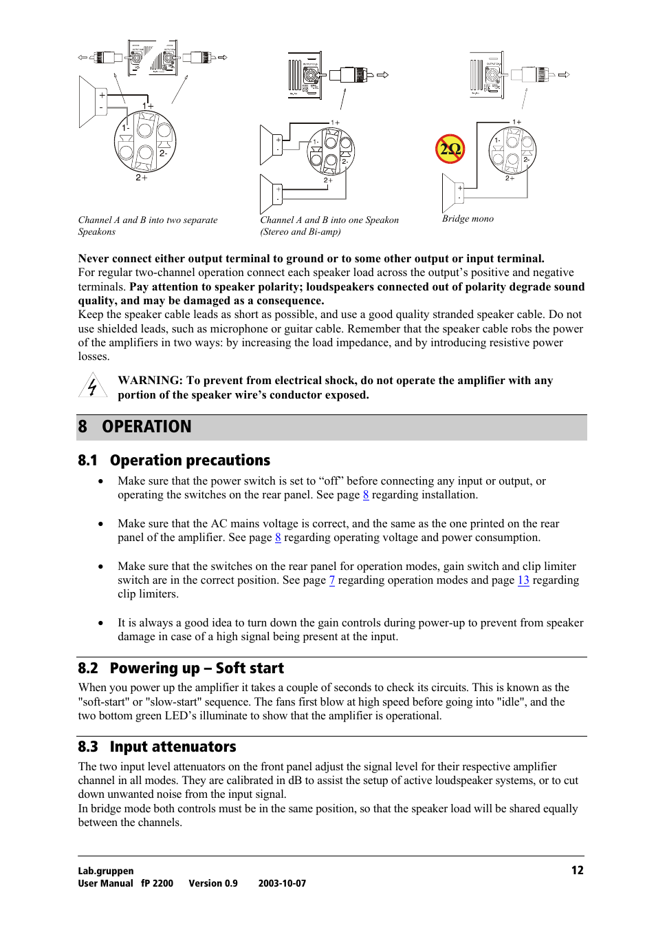 Operation, Operation precautions, Powering up – soft start | Input attenuators, U= lmbo^qflk, Ukn= lééê~нбзе=йкйе~мнбзел, Uko= mçïéêáåö=мй=у=pçñí=лн~кн, Ukp= fåéìí=~ннйем~нзкл | Lab.gruppen fP 2200 User Manual | Page 13 / 18