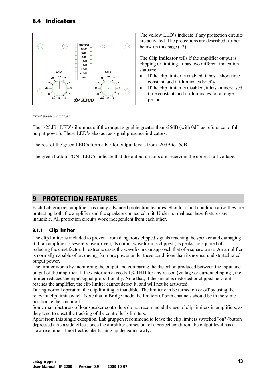 Indicators, Protection features, Clip limiter | V= molqb`qflk=cb^qrobp, Ukq= fåçáå~нзкл | Lab.gruppen fP 2200 User Manual | Page 14 / 18