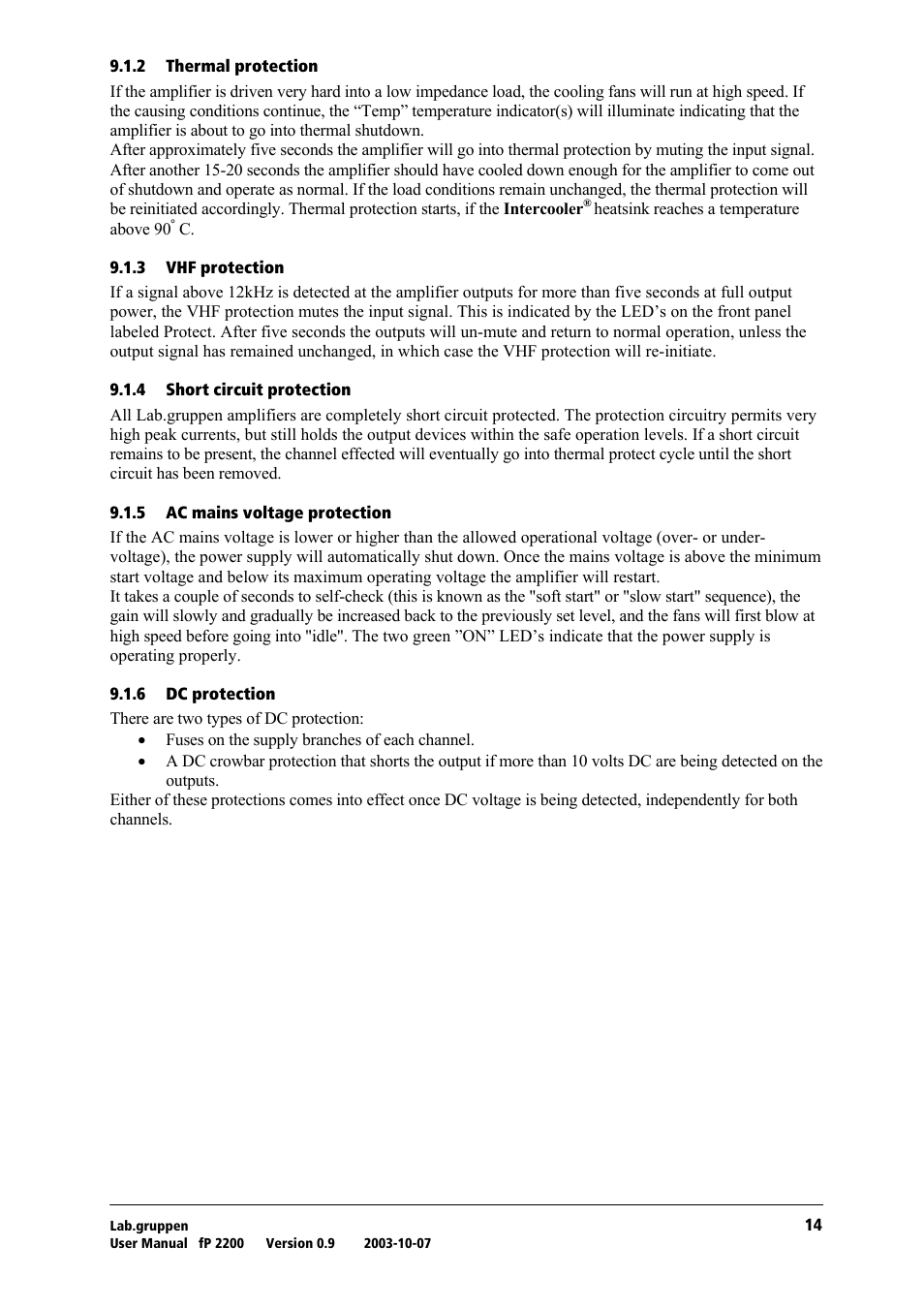 Thermal protection, Vhf protection, Short circuit protection | Ac mains voltage protection, Dc protection | Lab.gruppen fP 2200 User Manual | Page 15 / 18