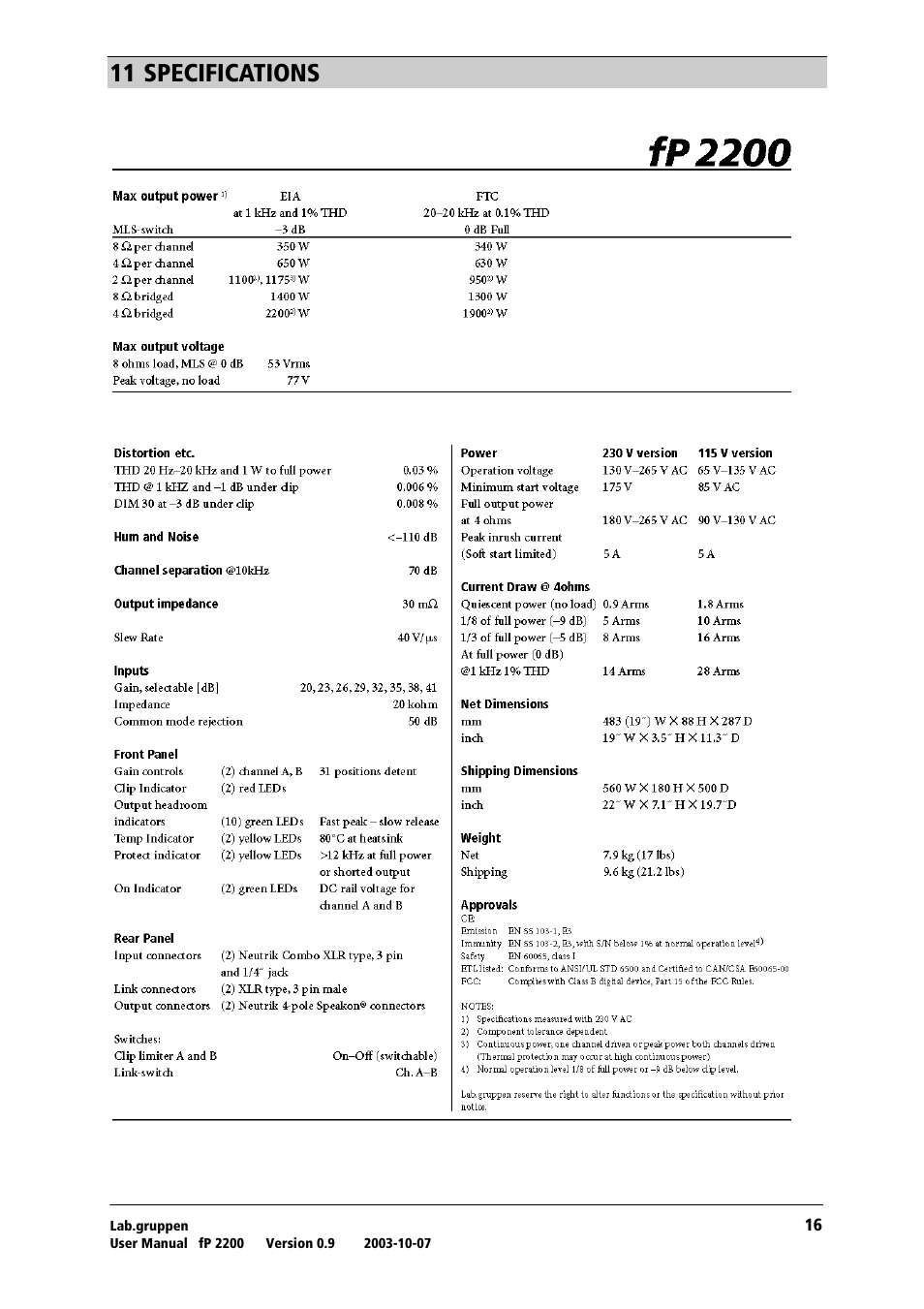 Specifications, Nn=pmb`fcf`^qflkp | Lab.gruppen fP 2200 User Manual | Page 17 / 18