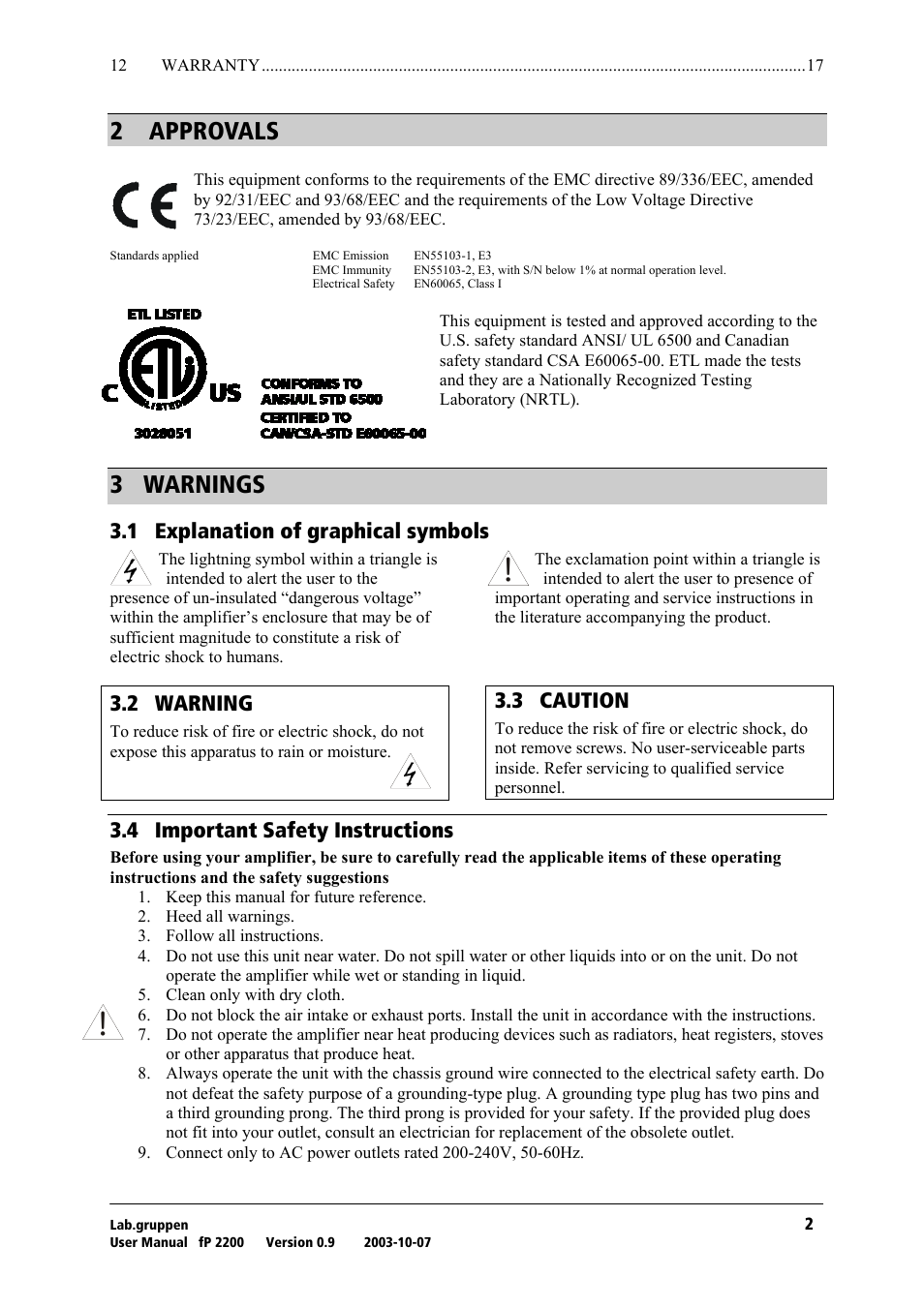 Approvals, Warnings, Explanation of graphical symbols | Warning, Caution, Important safety instructions, O= =^mmols^ip, P= t^okfkdp, Pkn= bñéä~е~нбзе=зс=цк~йьбе~д=лугдздл, Pko= t^okfkd | Lab.gruppen fP 2200 User Manual | Page 3 / 18