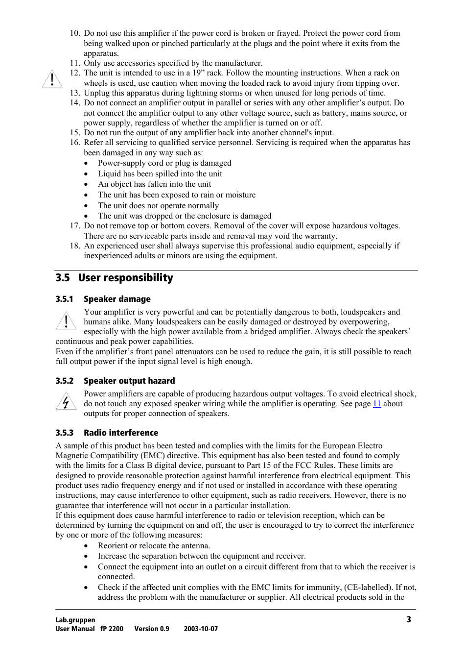 User responsibility, Speaker damage, Speaker output hazard | Radio interference, Pkr= rëéê=кйлйзелбдбдбну | Lab.gruppen fP 2200 User Manual | Page 4 / 18