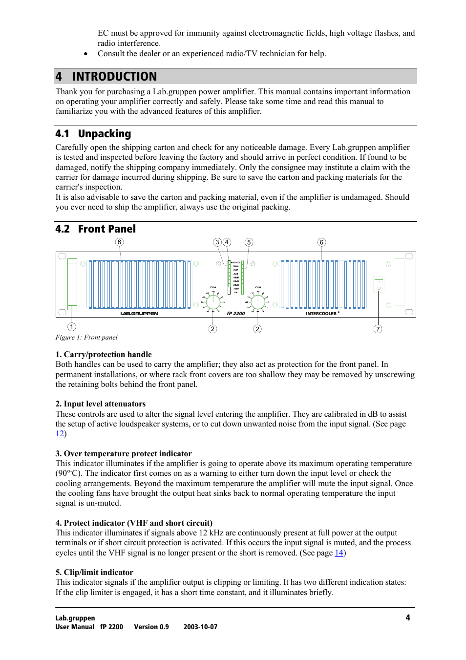 Introduction, Unpacking, Front panel | Q= fkqolar`qflk, Qkn= rей~евбец, Qko= cêçåí=m~åéä | Lab.gruppen fP 2200 User Manual | Page 5 / 18