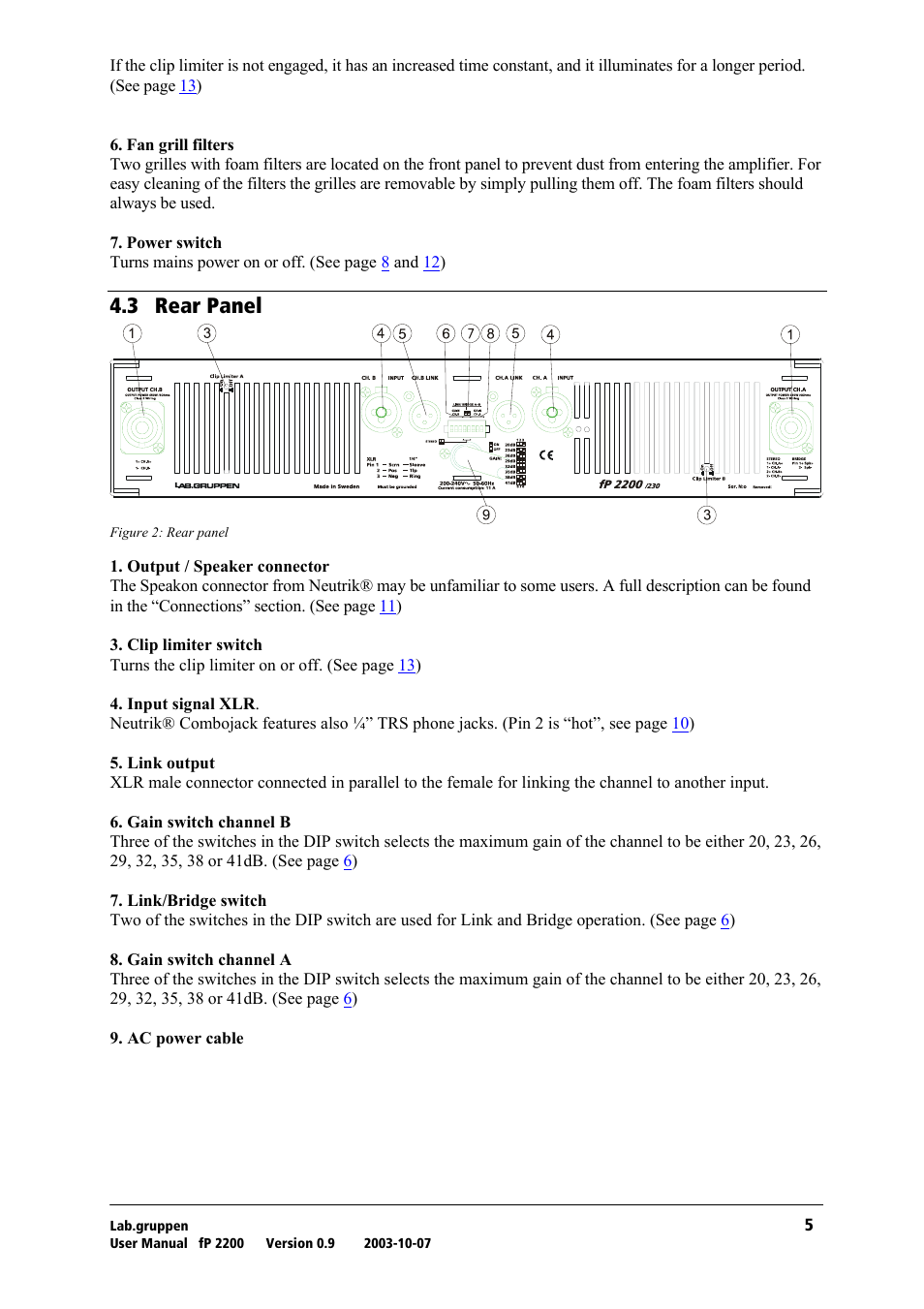 Rear panel, Qkp= oй~к=m~åéä | Lab.gruppen fP 2200 User Manual | Page 6 / 18