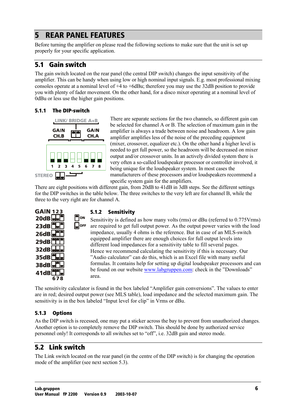Rear panel features, Gain switch, The dip-switch | Sensitivity, Options, Link switch, R= ob^o=m^kbi=cb^qrobp, Rkn= d~бе=лпбнеь, Rko= iáåâ=лпбнеь | Lab.gruppen fP 2200 User Manual | Page 7 / 18