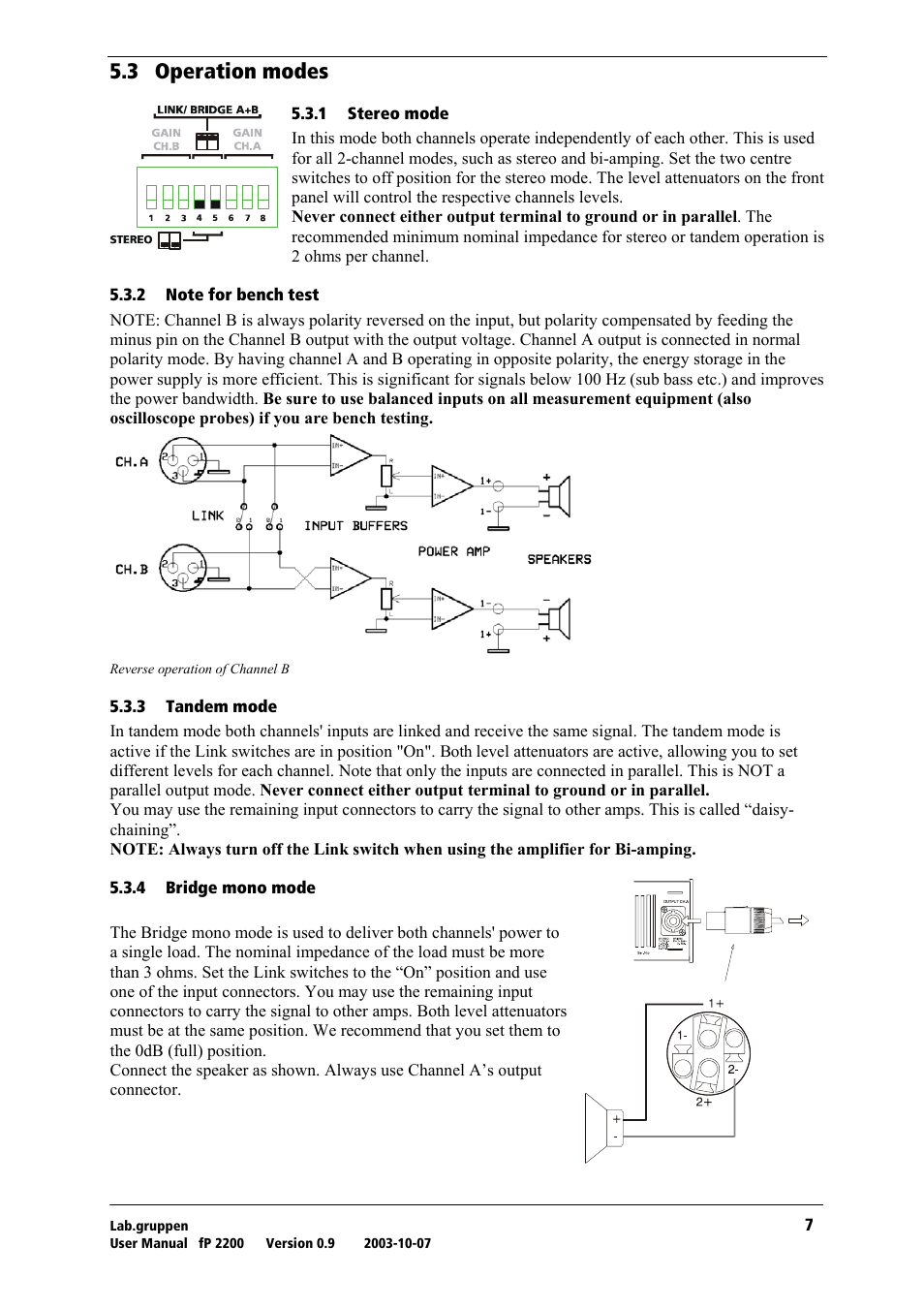 Operation modes, Stereo mode, Note for bench test | Tandem mode, Bridge mono mode, Rkp= lééê~нбзе=гззйл | Lab.gruppen fP 2200 User Manual | Page 8 / 18