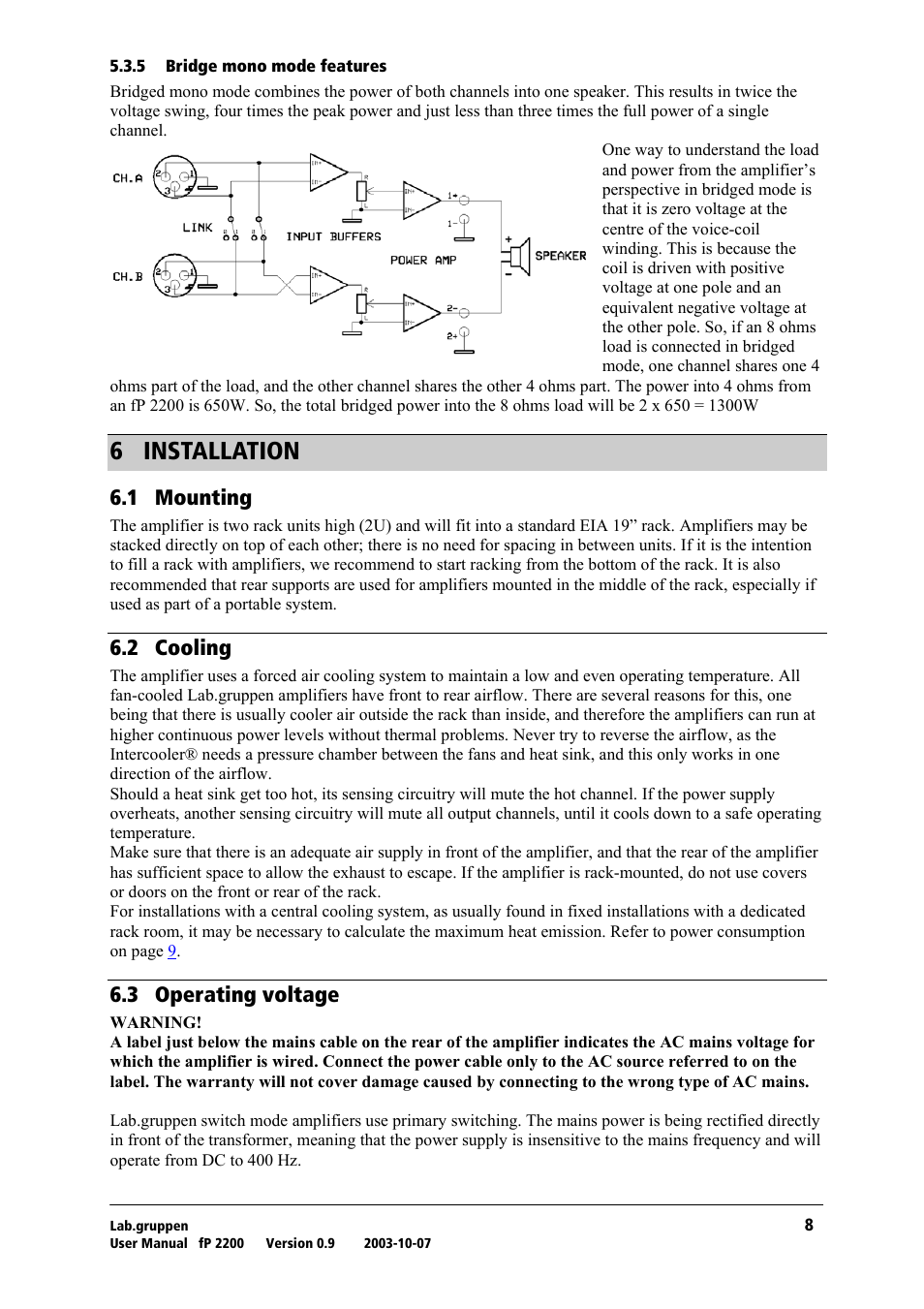 Bridge mono mode features, Installation, Mounting | Cooling, Operating voltage, S= fkpq^ii^qflk, Skn= jçìåíáåö, Sko= `зздбец, Skp= lééê~нбец=оздн~цй | Lab.gruppen fP 2200 User Manual | Page 9 / 18
