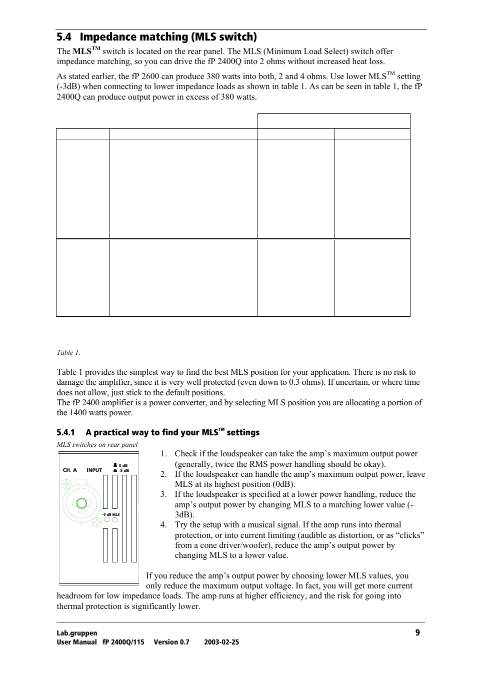 Impedance matching (mls switch), A practical way to find your mlstm settings, A practical way to find your mls | Settings, Fp 2400q, Rkq= fãééç~еей=г~неьбец=ejip=ëïáíåüf | Lab.gruppen fP 2400Q User Manual | Page 10 / 20
