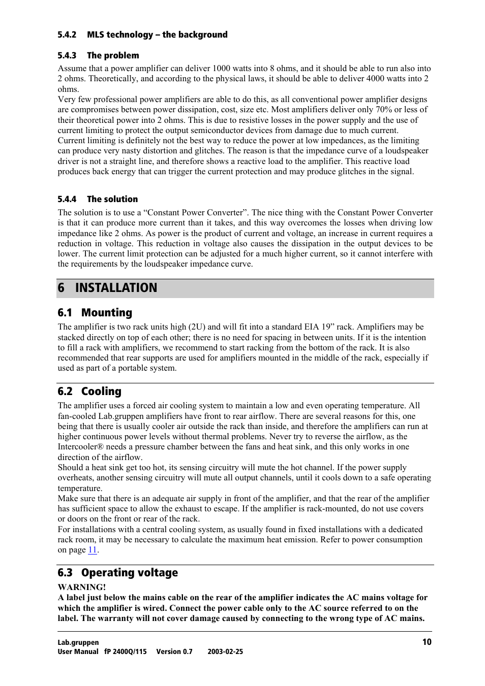 Mls technology – the background, The problem, The solution | Installation, Mounting, Cooling, Operating voltage, S= fkpq^ii^qflk, Skn= jçìåíáåö, Sko= `зздбец | Lab.gruppen fP 2400Q User Manual | Page 11 / 20