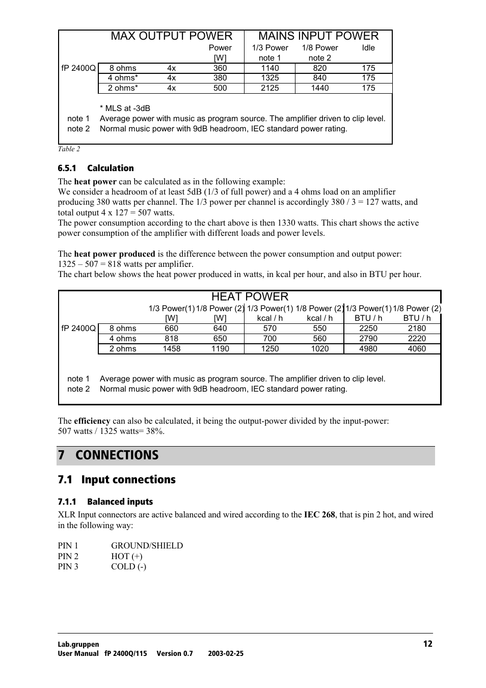 Calculation, Connections, Input connections | Balanced inputs, T= `lkkb`qflkp, Mains input power max output power, Heat power, Tkn= fåéìí=езеейенбзел | Lab.gruppen fP 2400Q User Manual | Page 13 / 20
