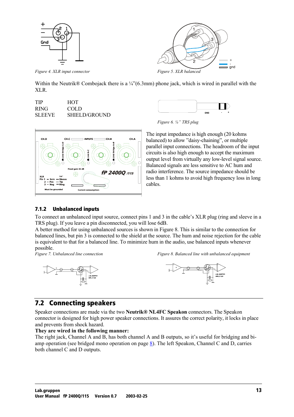 Unbalanced inputs, Connecting speakers, Tko= `зеейенбец=лйй~вйкл | Lab.gruppen fP 2400Q User Manual | Page 14 / 20