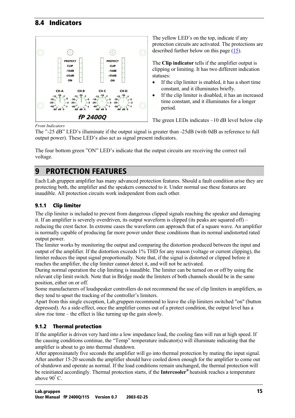 Indicators, Protection features, Clip limiter | Thermal protection, About clip lim, V= molqb`qflk=cb^qrobp, Ukq= fåçáå~нзкл | Lab.gruppen fP 2400Q User Manual | Page 16 / 20