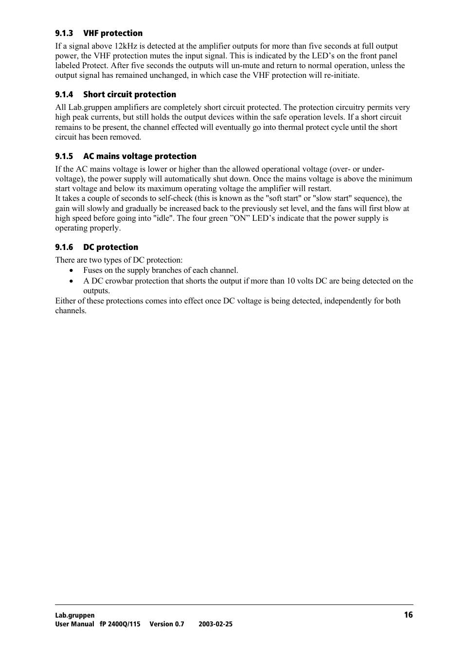 Vhf protection, Short circuit protection, Ac mains voltage protection | Dc protection | Lab.gruppen fP 2400Q User Manual | Page 17 / 20