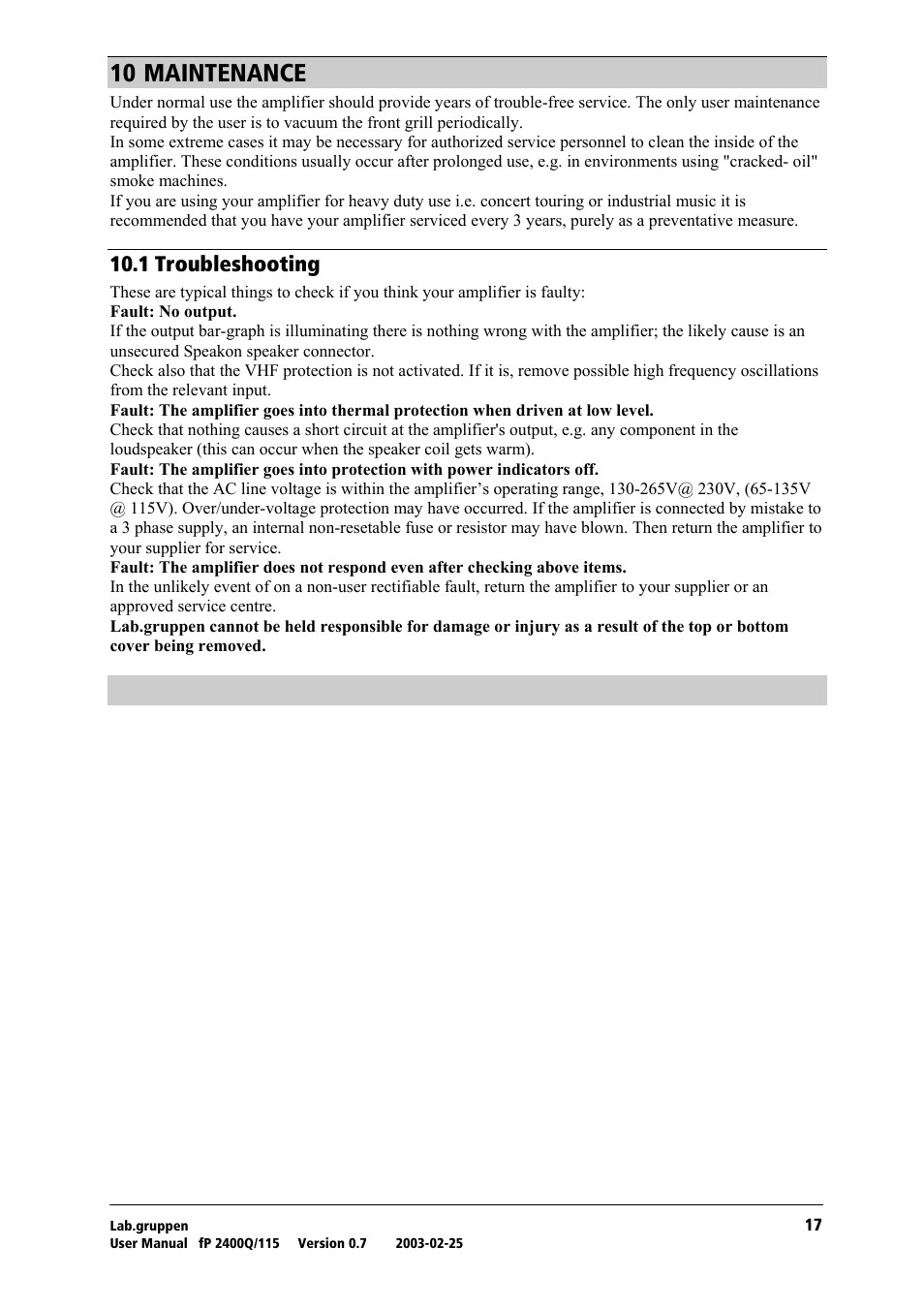 Maintenance, Troubleshooting, Nm=j^fkqbk^k`b | Nmkn=qêçìääéëüççíáåö | Lab.gruppen fP 2400Q User Manual | Page 18 / 20