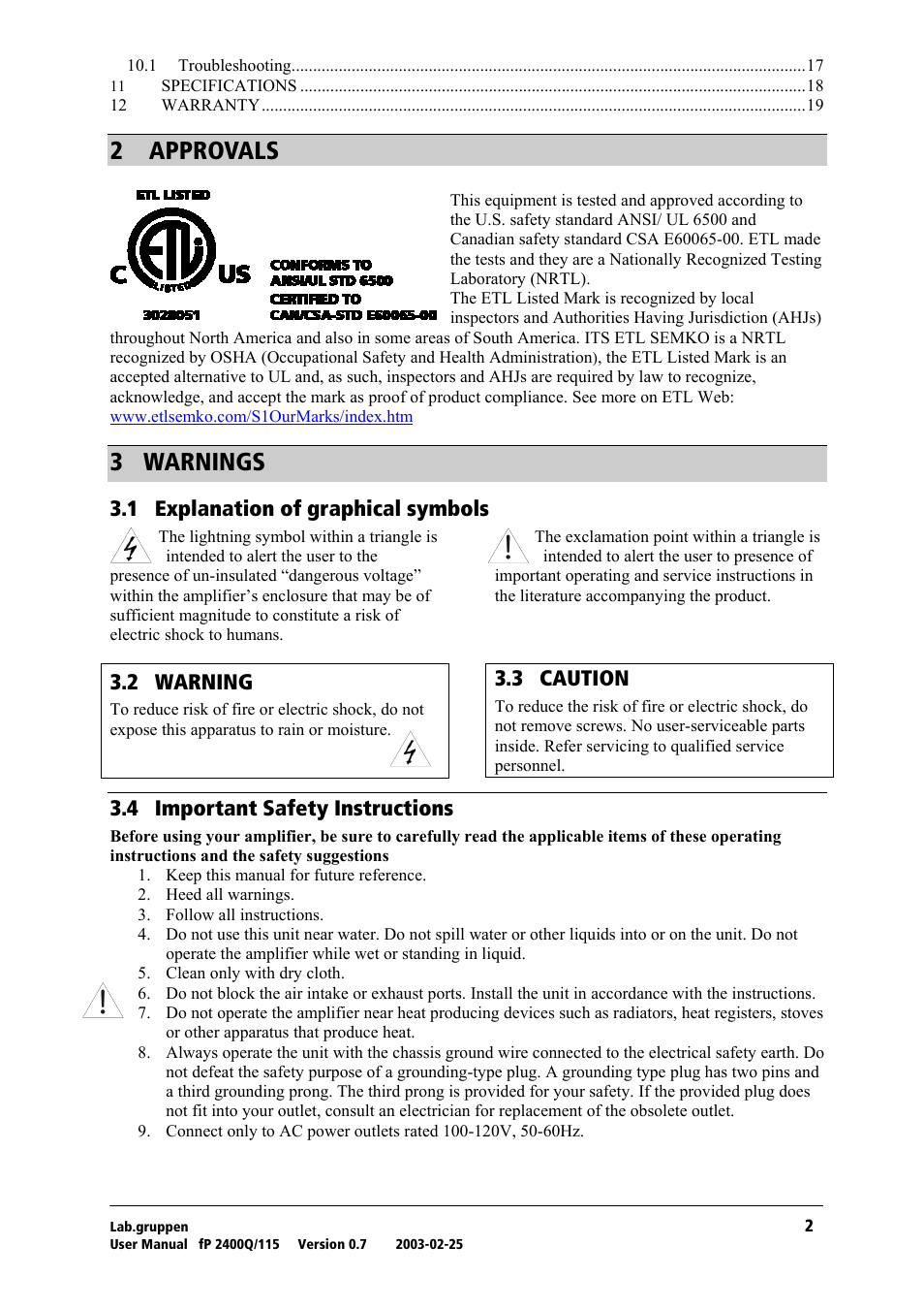 Approvals, Warnings, Explanation of graphical symbols | Warning, Caution, Important safety instructions, O= =^mmols^ip, P= t^okfkdp, Pkn= bñéä~е~нбзе=зс=цк~йьбе~д=лугдздл, Pko= t^okfkd | Lab.gruppen fP 2400Q User Manual | Page 3 / 20