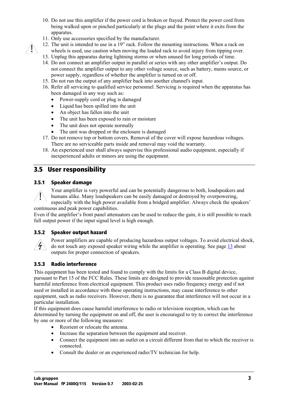 User responsibility, Speaker damage, Speaker output hazard | Radio interference, Pkr= rëéê=кйлйзелбдбдбну | Lab.gruppen fP 2400Q User Manual | Page 4 / 20