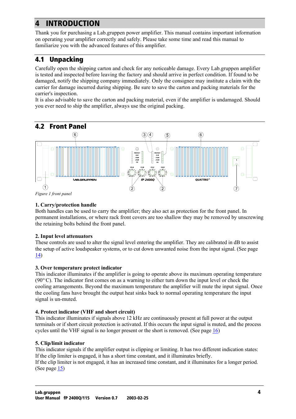 Introduction, Unpacking, Front panel | Q= fkqolar`qflk, Qkn= rей~евбец, Qko= cêçåí=m~åéä | Lab.gruppen fP 2400Q User Manual | Page 5 / 20